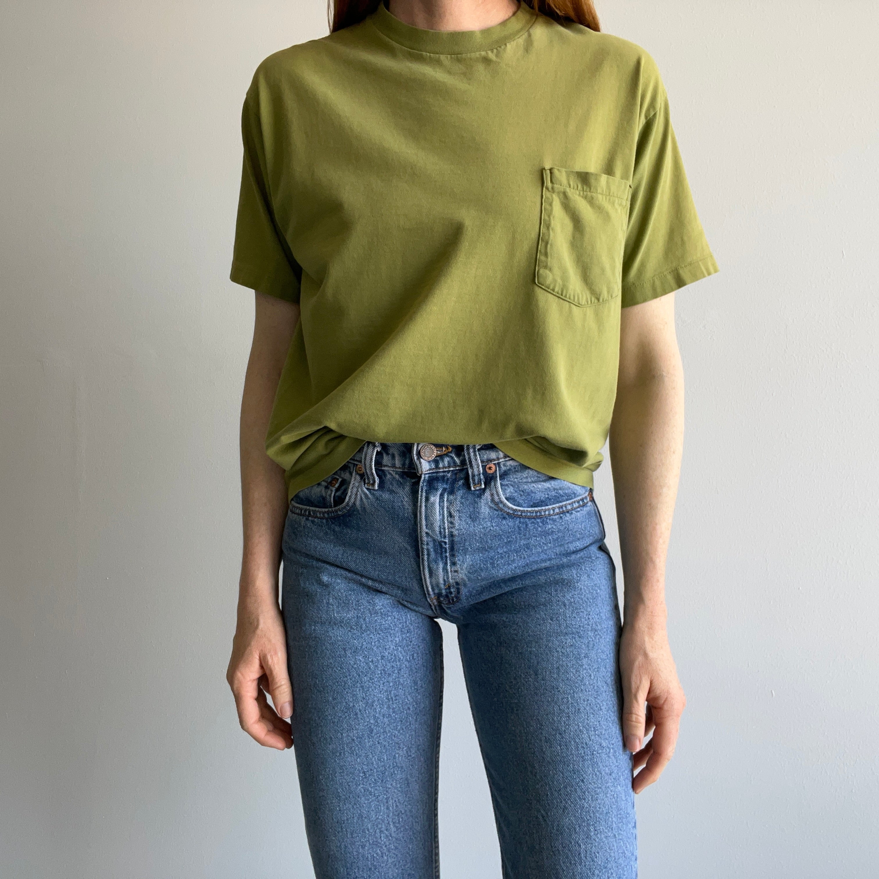 1980s Blank Soft and Worn Olive Green Pocket T-Shirt