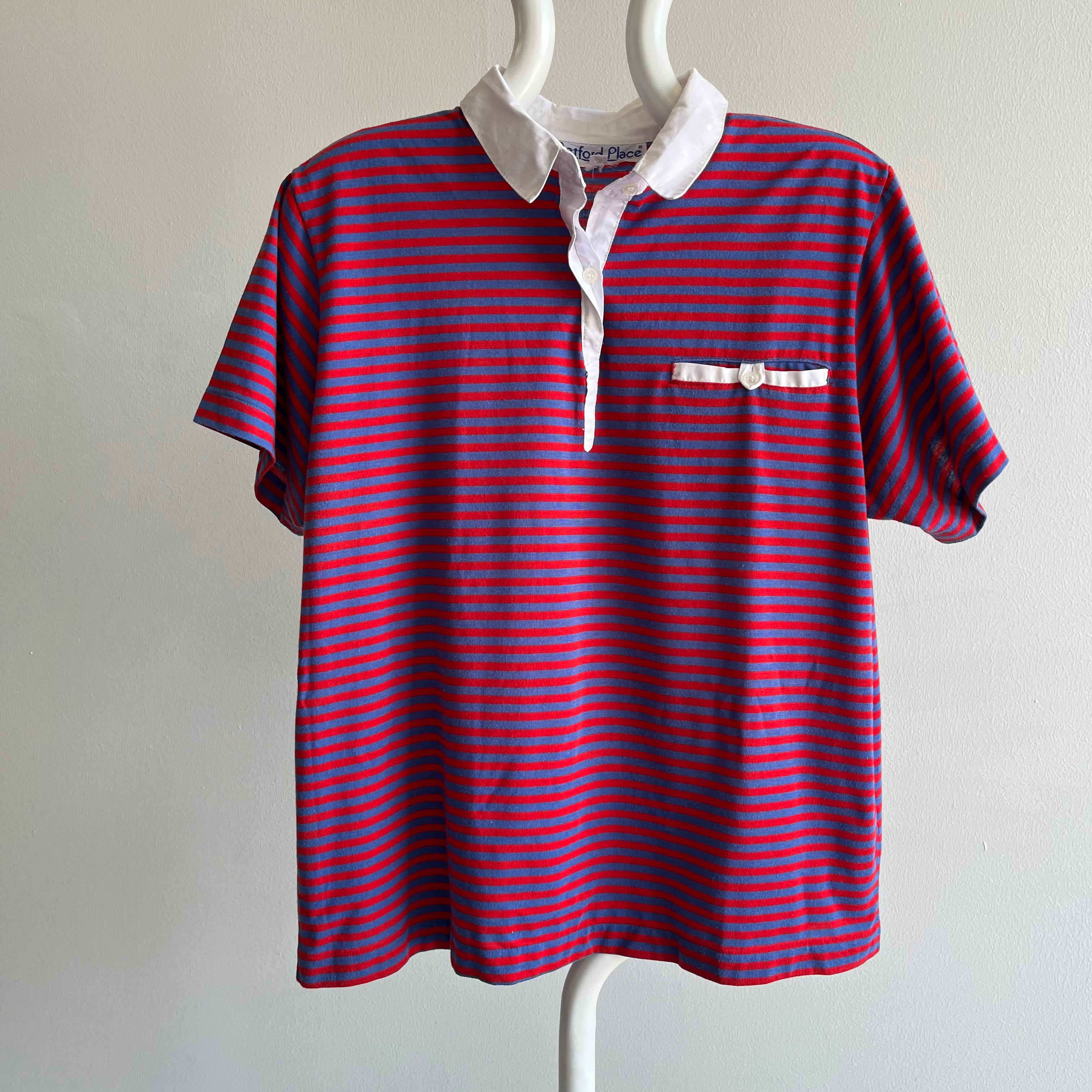 1980s Red, White and Blue Striped Polo Shirt