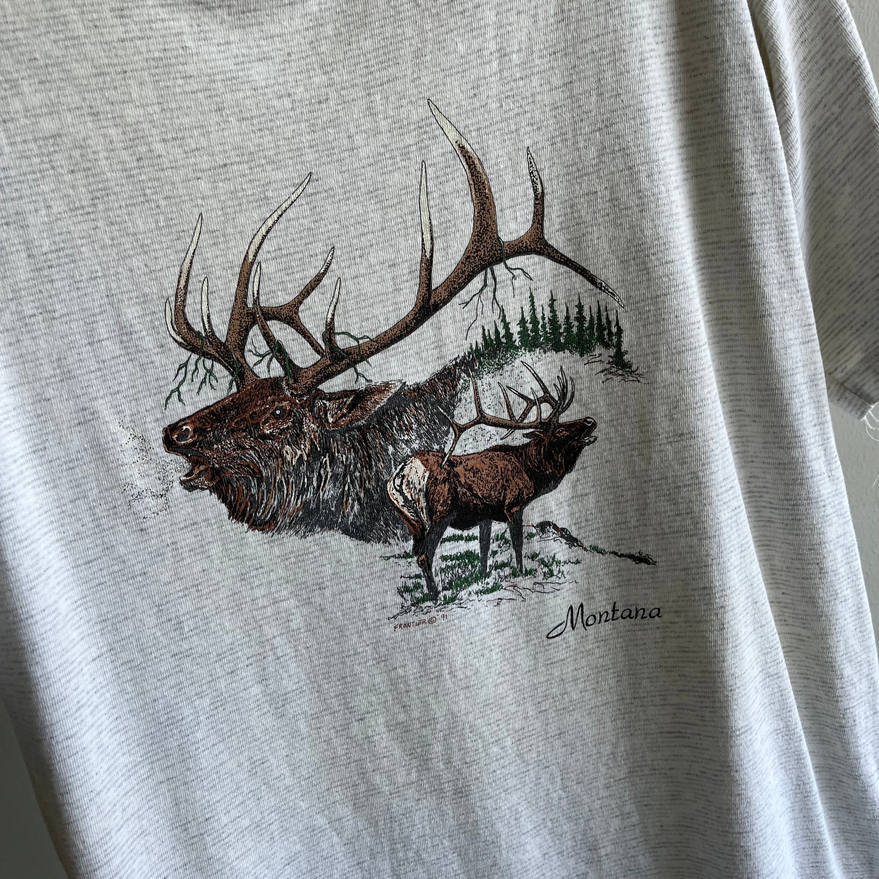 1991 Elk? Montana Pinstripe/Heather Gray Graphic T-Shirt