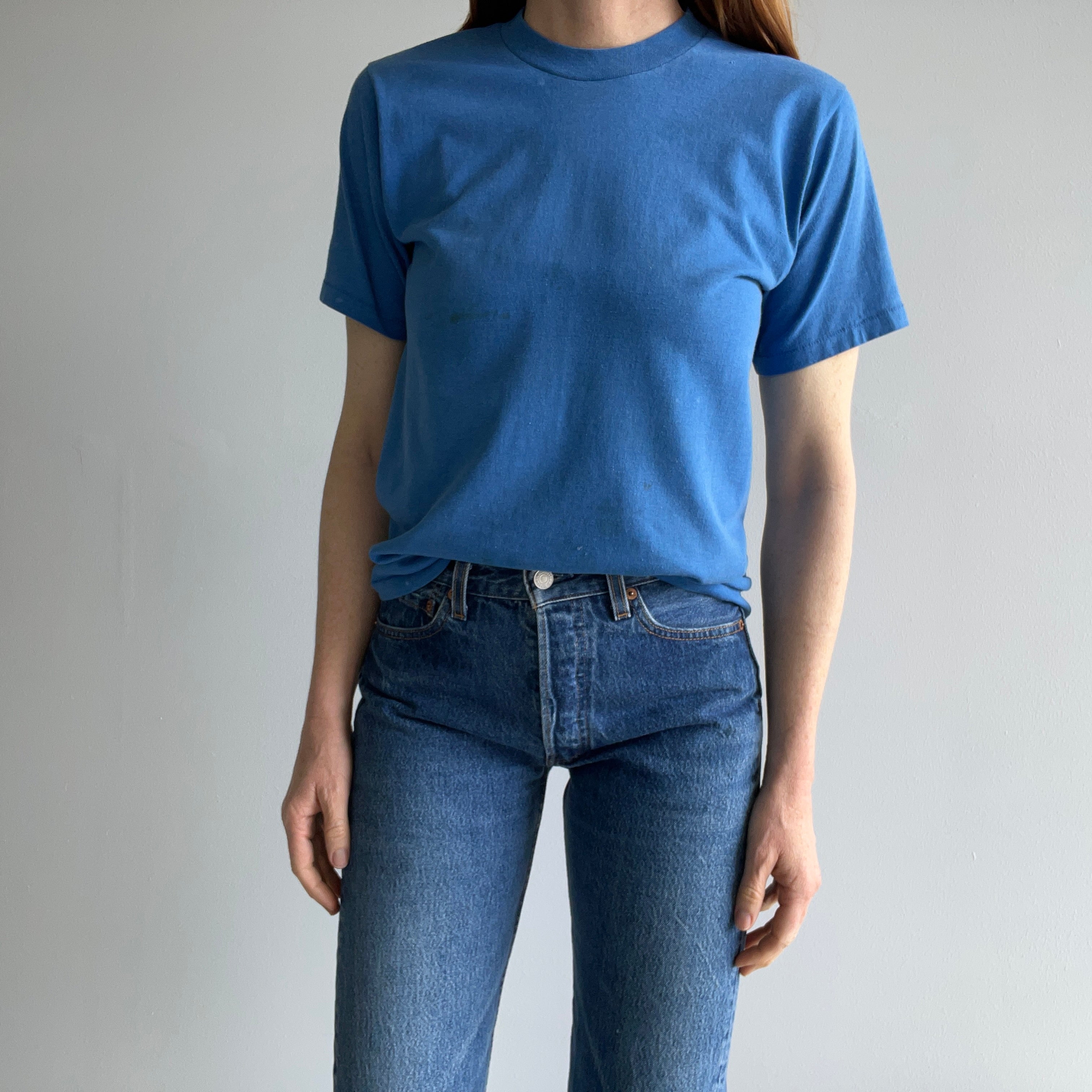 1980s Heavily Stained Faded Blank Blue T-Shirt - Swoon