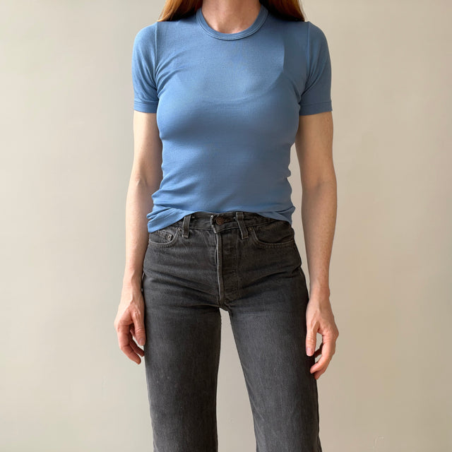 1970/80s Made in France Nylon Stretchy Fitted Sky Blue T-Shirt - Great for Layering