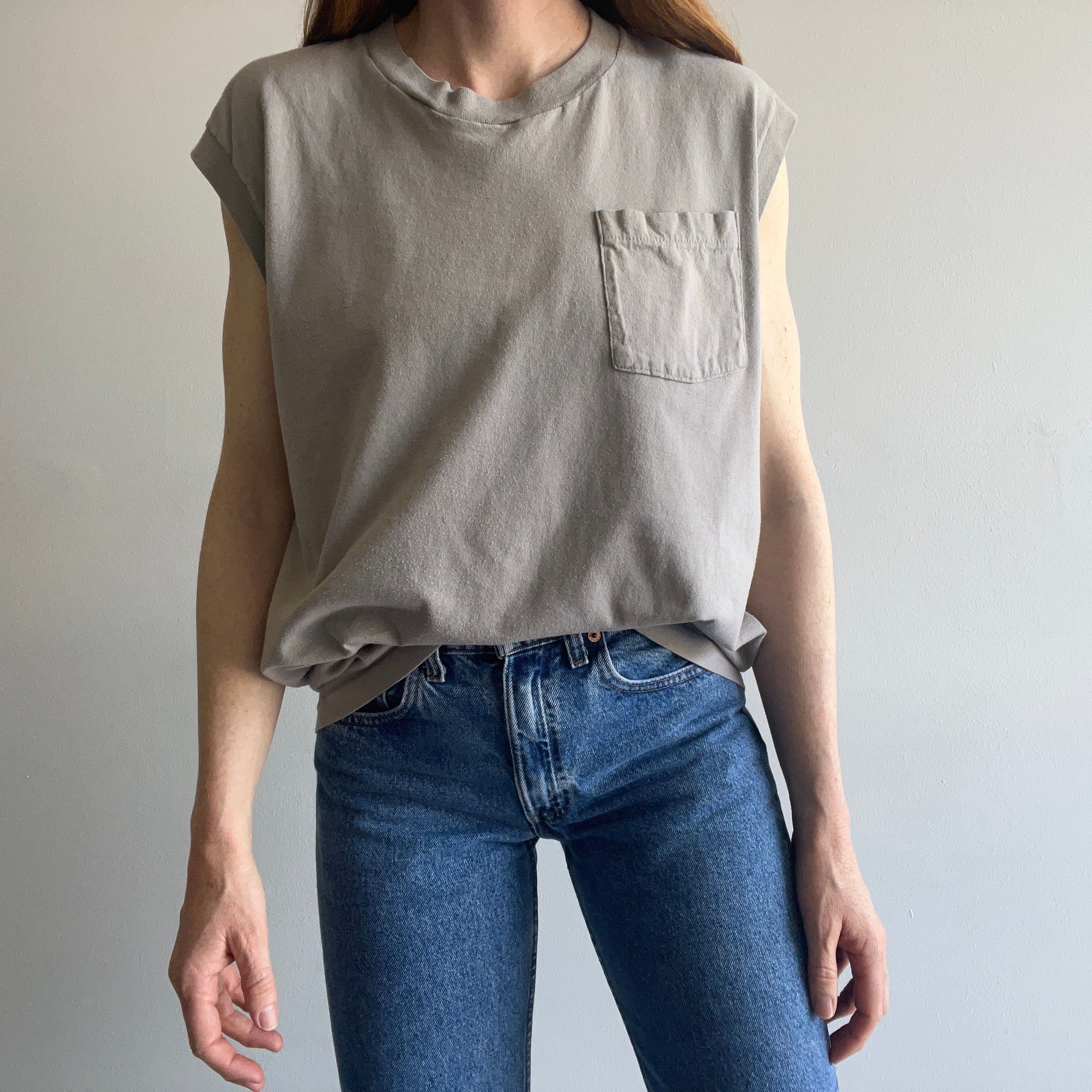 1980s Khaki Muscle Tank Top with a Selvedge Pocket