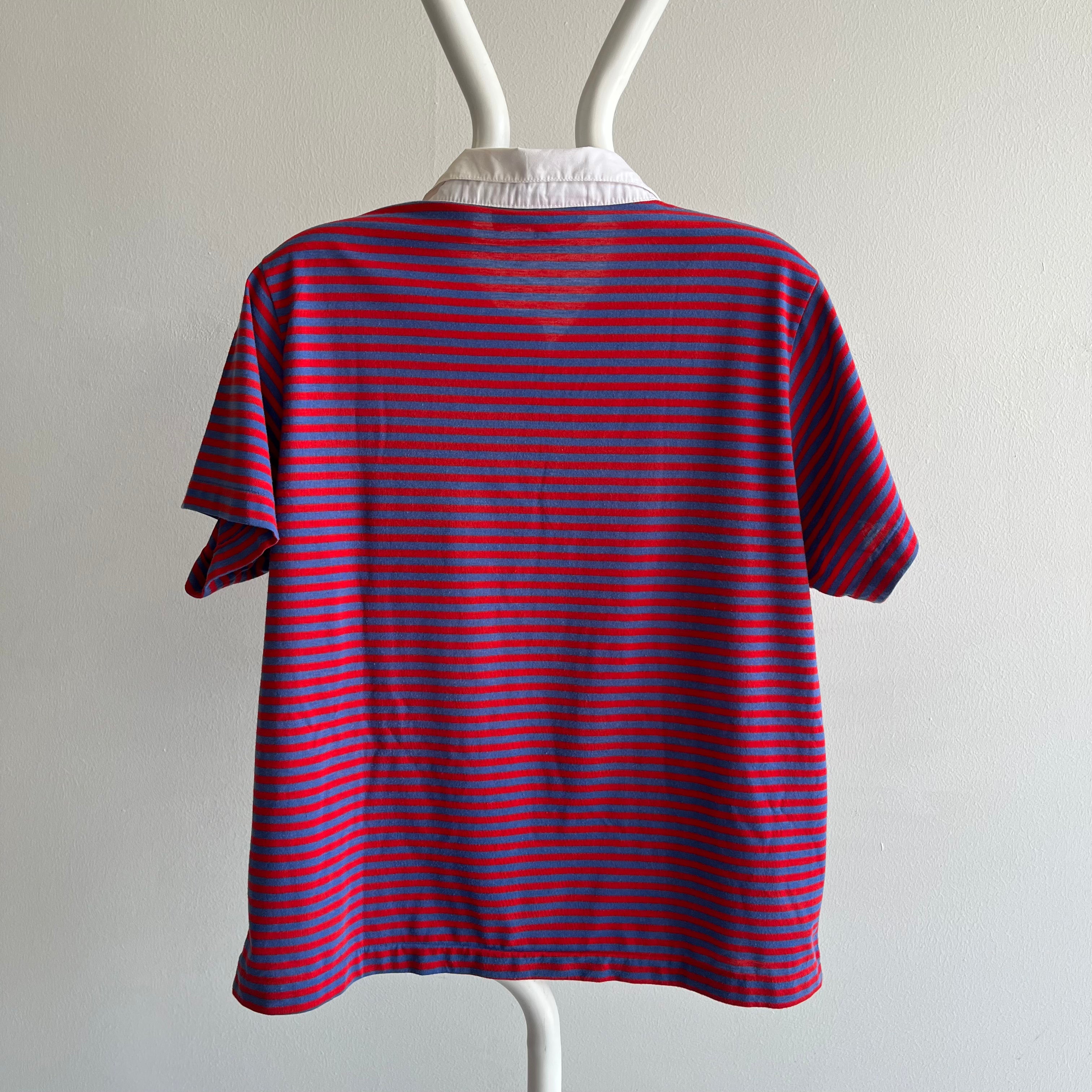 1980s Red, White and Blue Striped Polo Shirt
