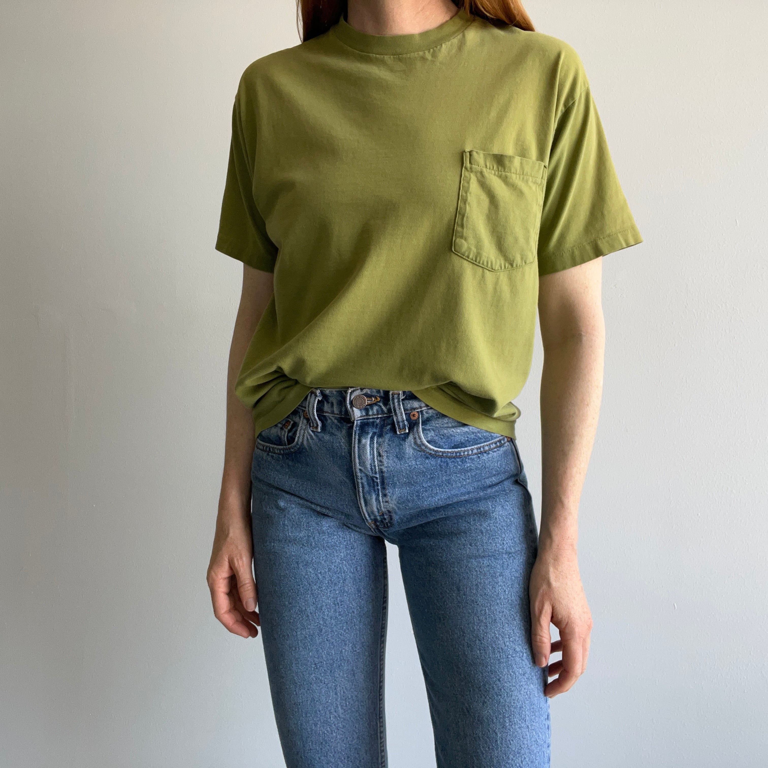 1980s Blank Soft and Worn Olive Green Pocket T-Shirt