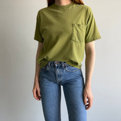 1980s Blank Soft and Worn Olive Green Pocket T-Shirt