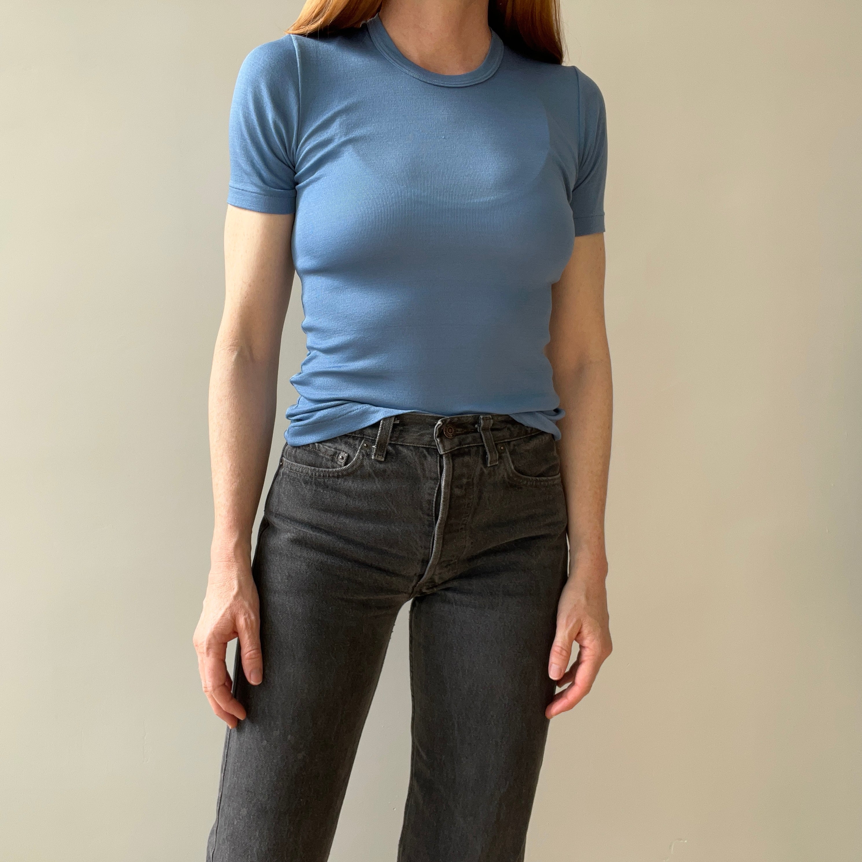 1970/80s Made in France Nylon Stretchy Fitted Sky Blue T-Shirt - Great for Layering