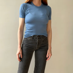 1970/80s Made in France Nylon Stretchy Fitted Sky Blue T-Shirt - Great for Layering