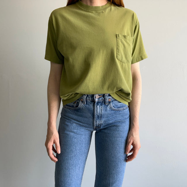 1980s Blank Soft and Worn Olive Green Pocket T-Shirt