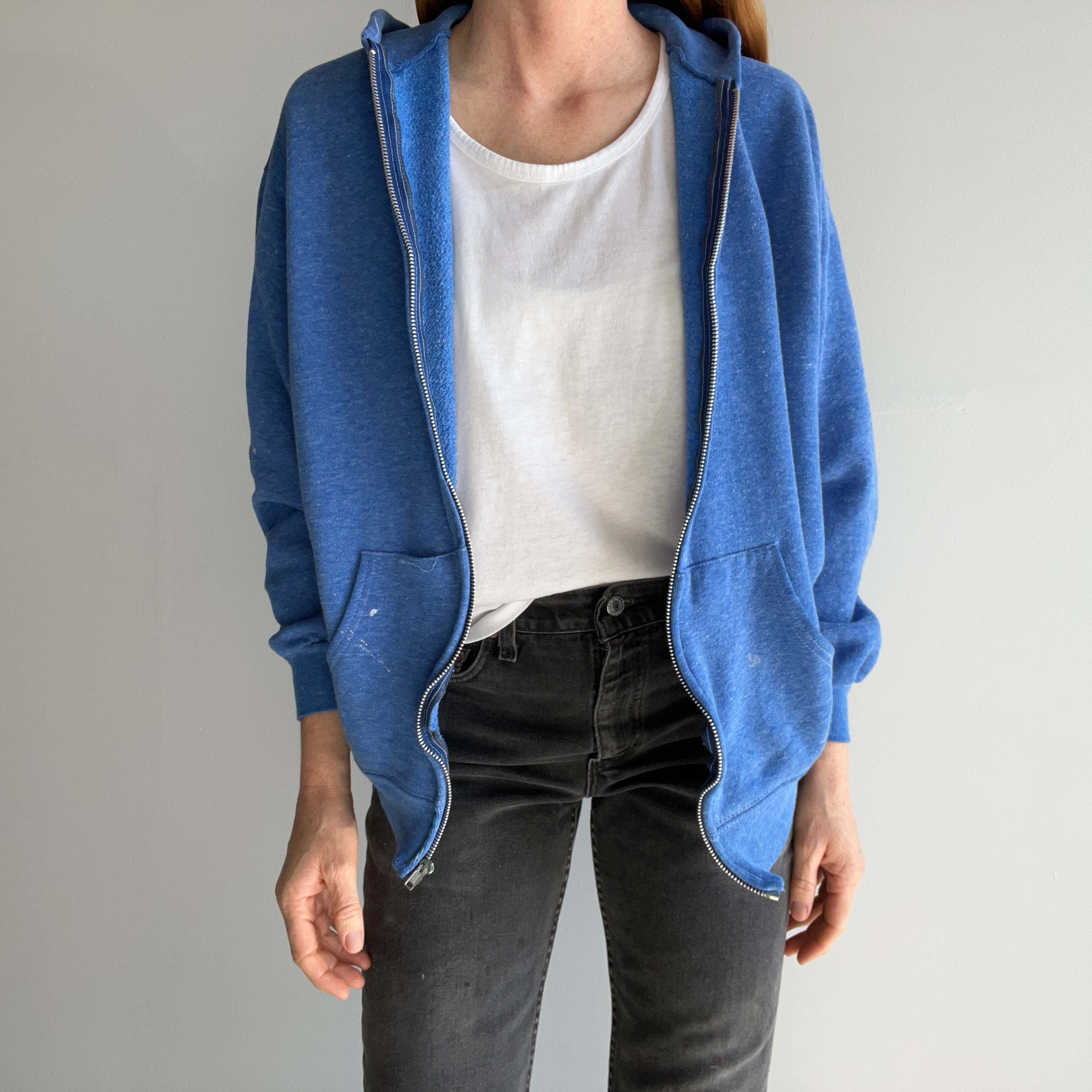 1980s Paint Stained Zip Up Hoodie in Heather Blue