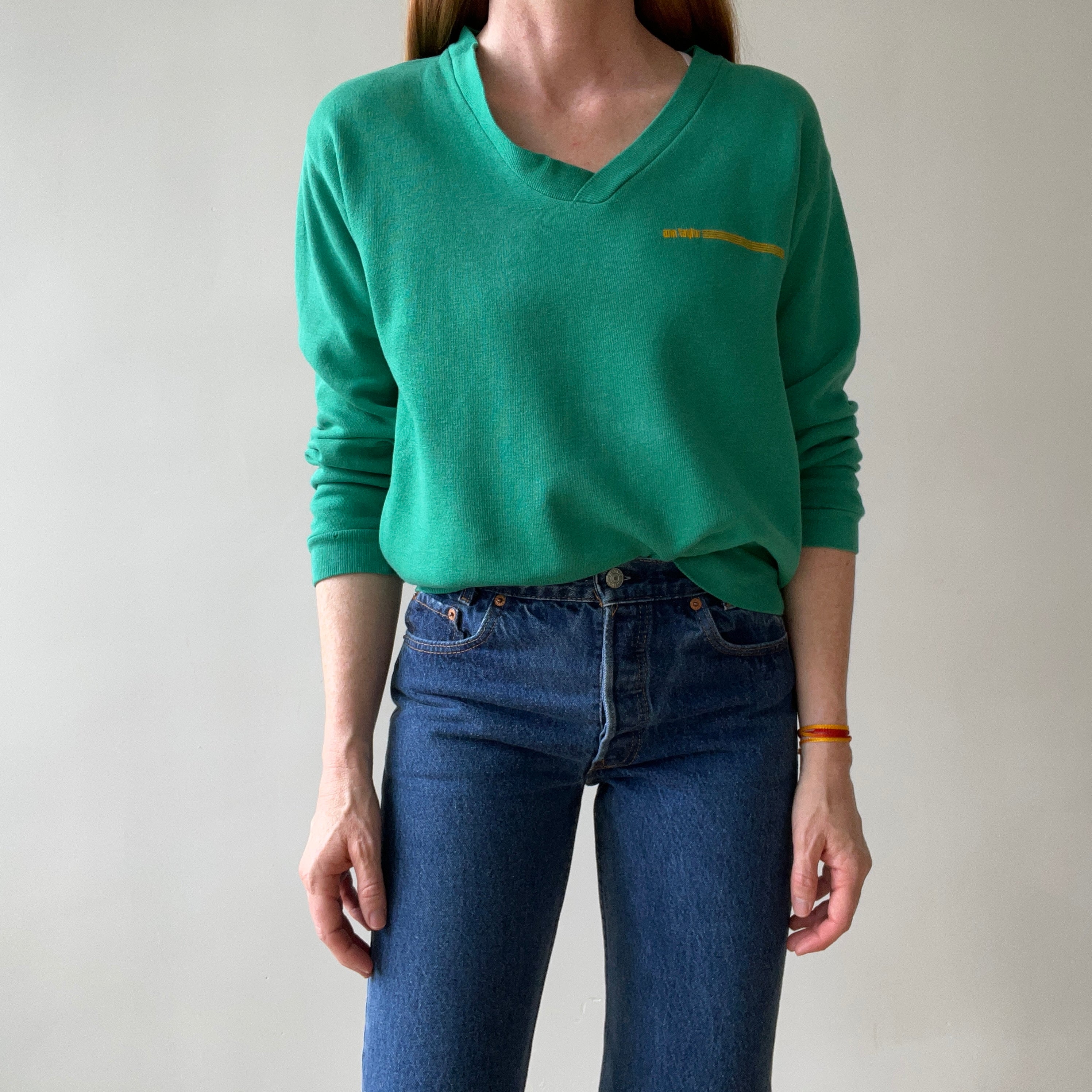 1960s/70s Faded Green Ann Taylor (!!!) V Neck Sweatshirt