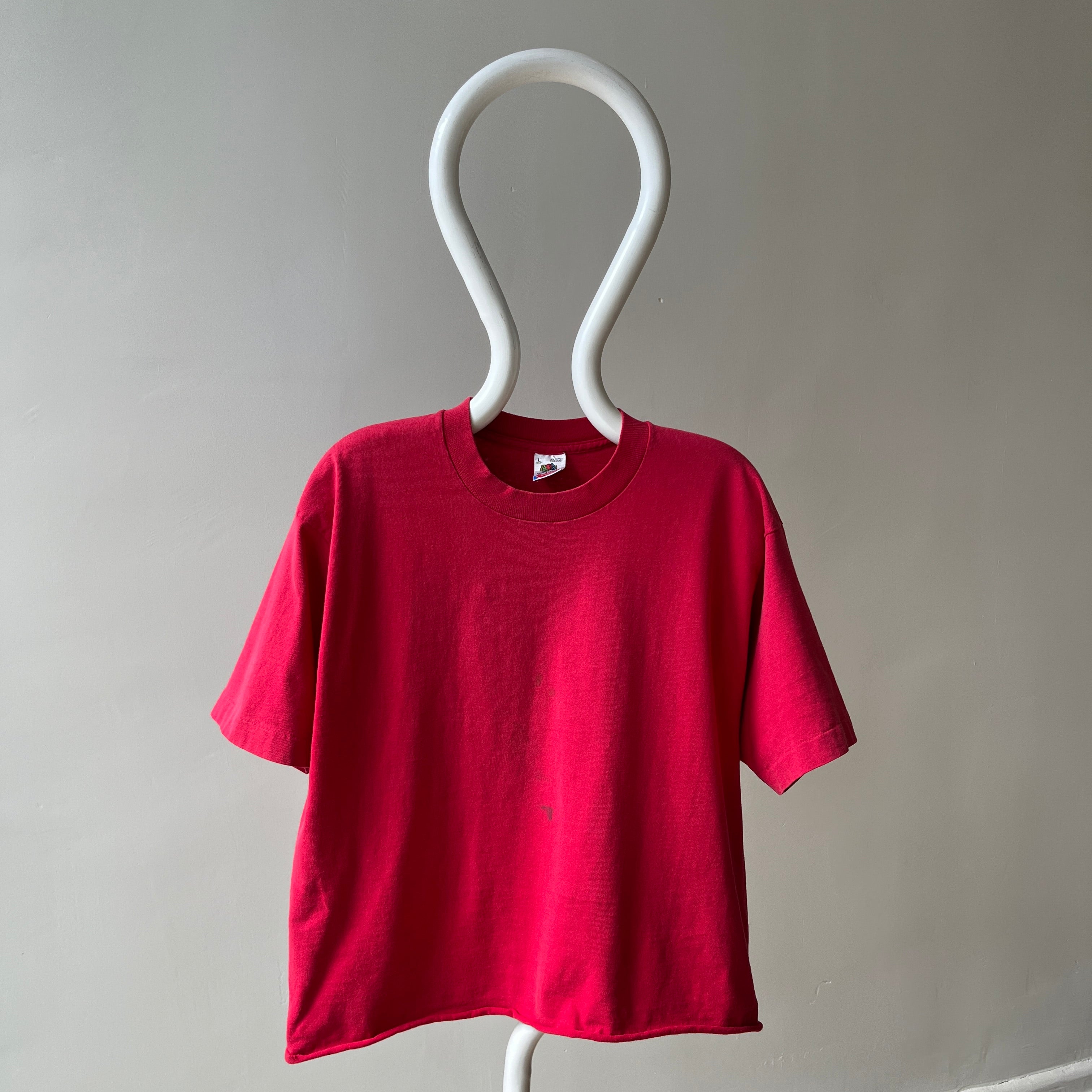 1980s Perfectly Faded and Nicely Stained (In A Cool Way) Cut Hem Blank Red Cotton T-Shirt