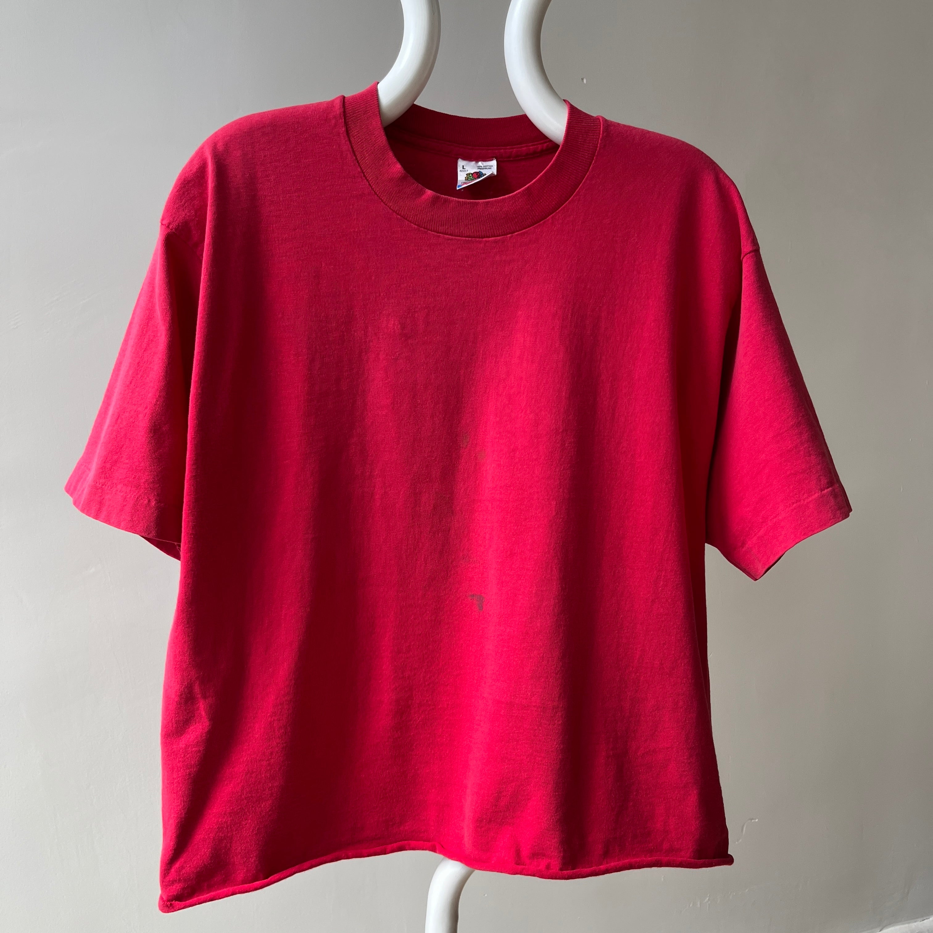 1980s Perfectly Faded and Nicely Stained (In A Cool Way) Cut Hem Blank Red Cotton T-Shirt