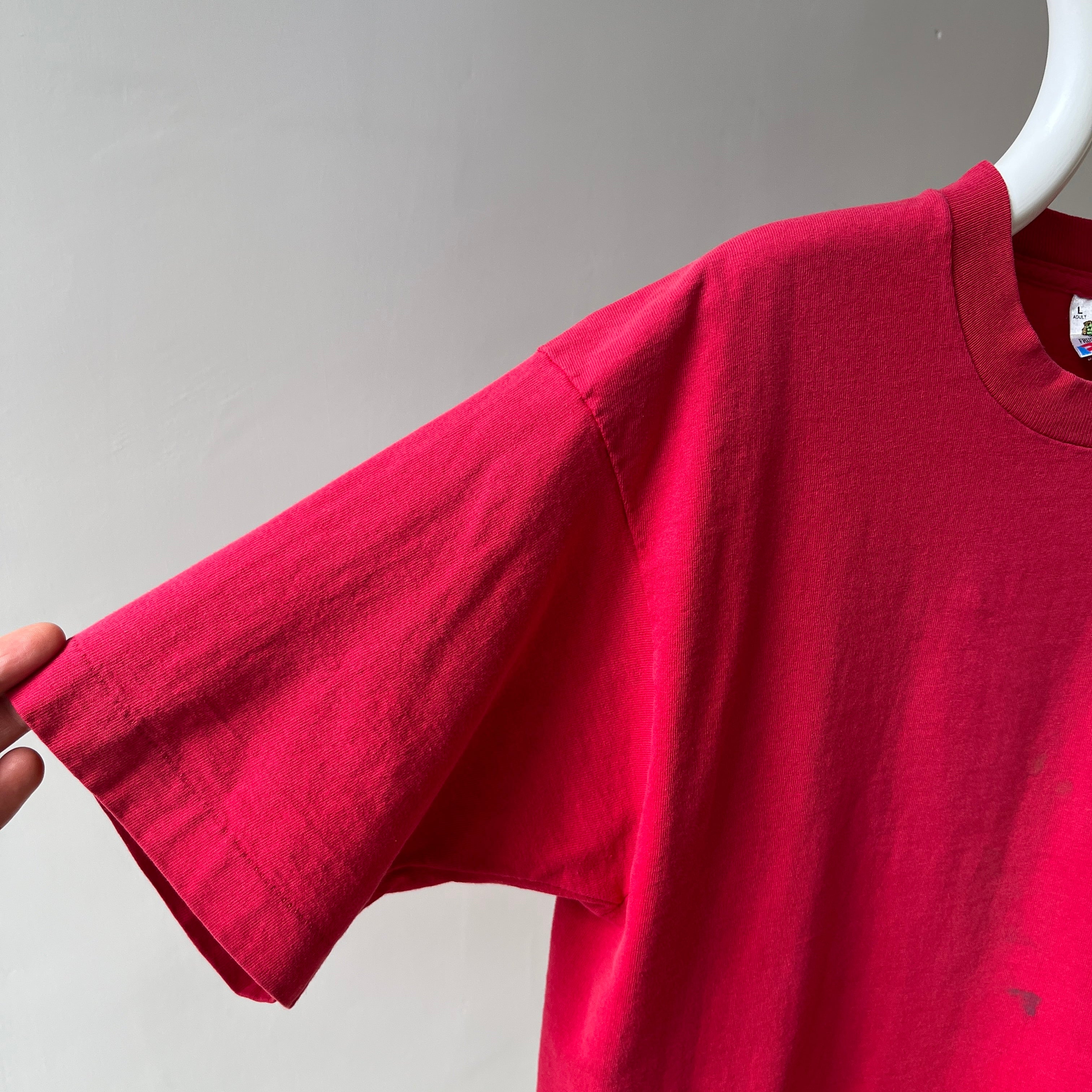 1980s Perfectly Faded and Nicely Stained (In A Cool Way) Cut Hem Blank Red Cotton T-Shirt