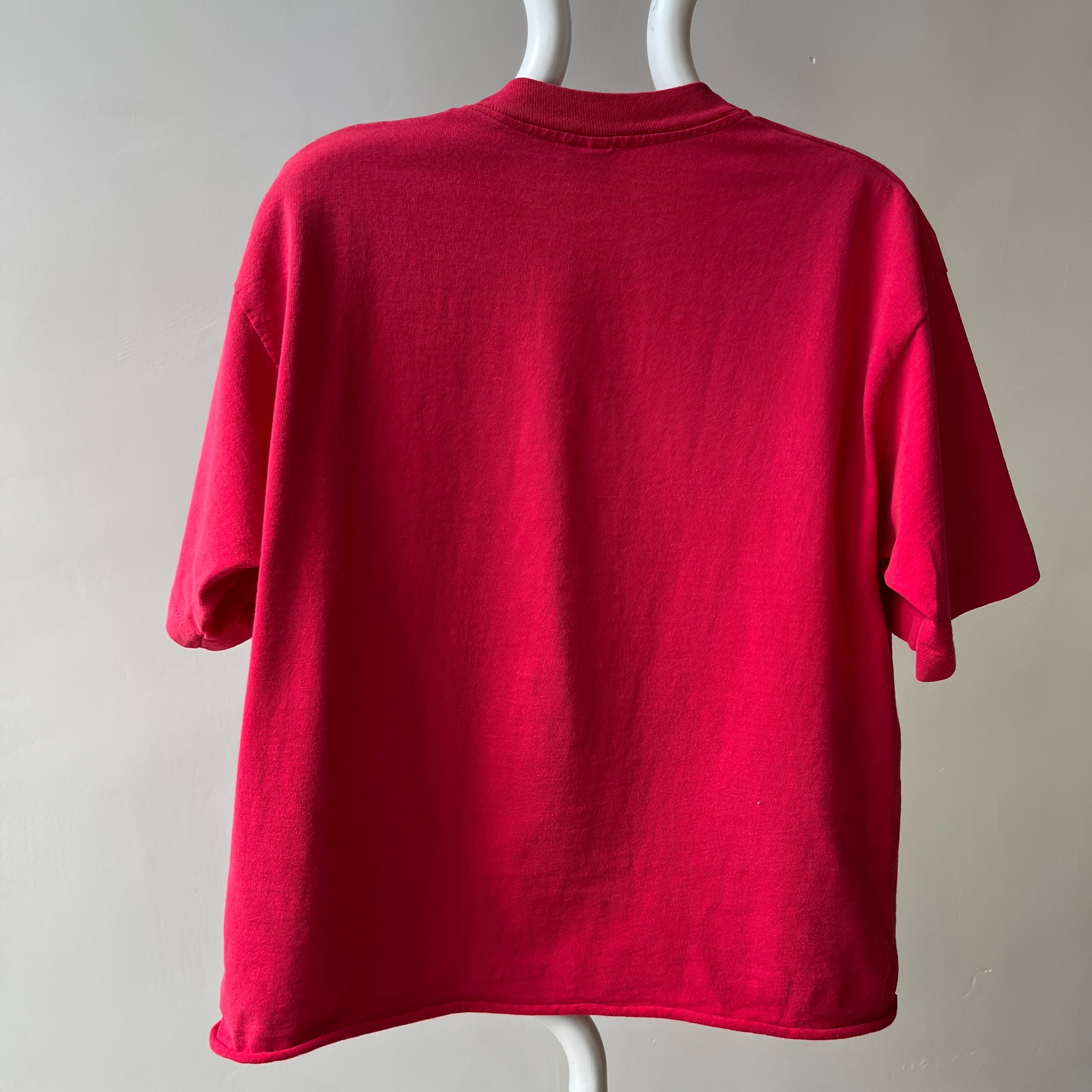 1980s Perfectly Faded and Nicely Stained (In A Cool Way) Cut Hem Blank Red Cotton T-Shirt