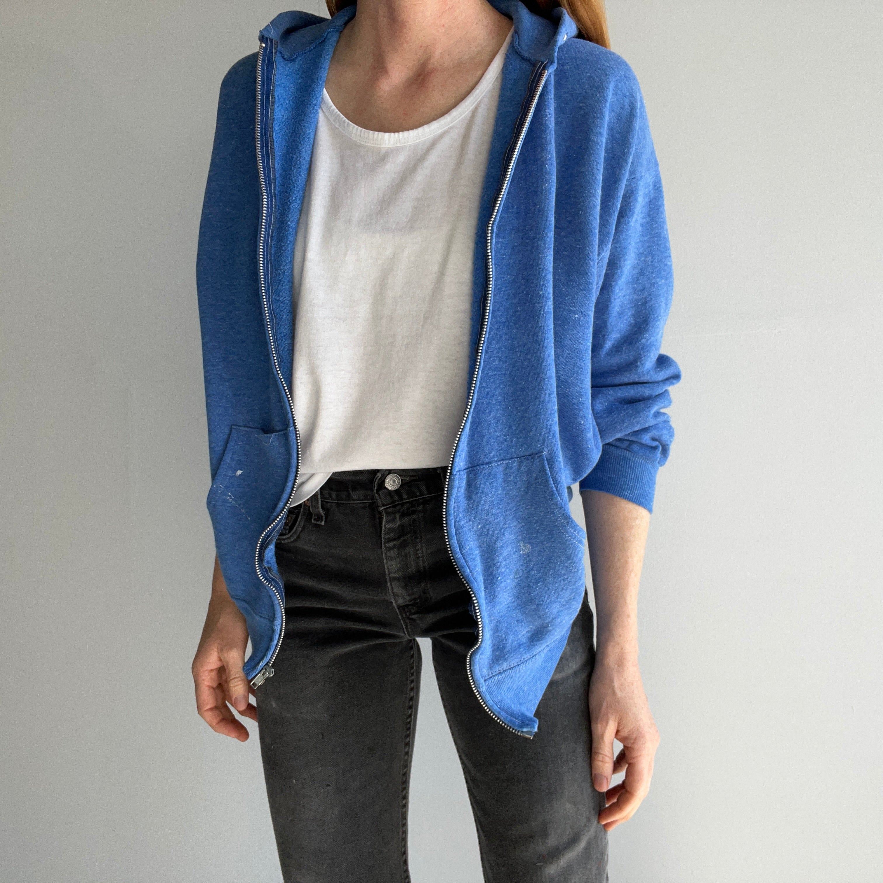 1980s Paint Stained Zip Up Hoodie in Heather Blue