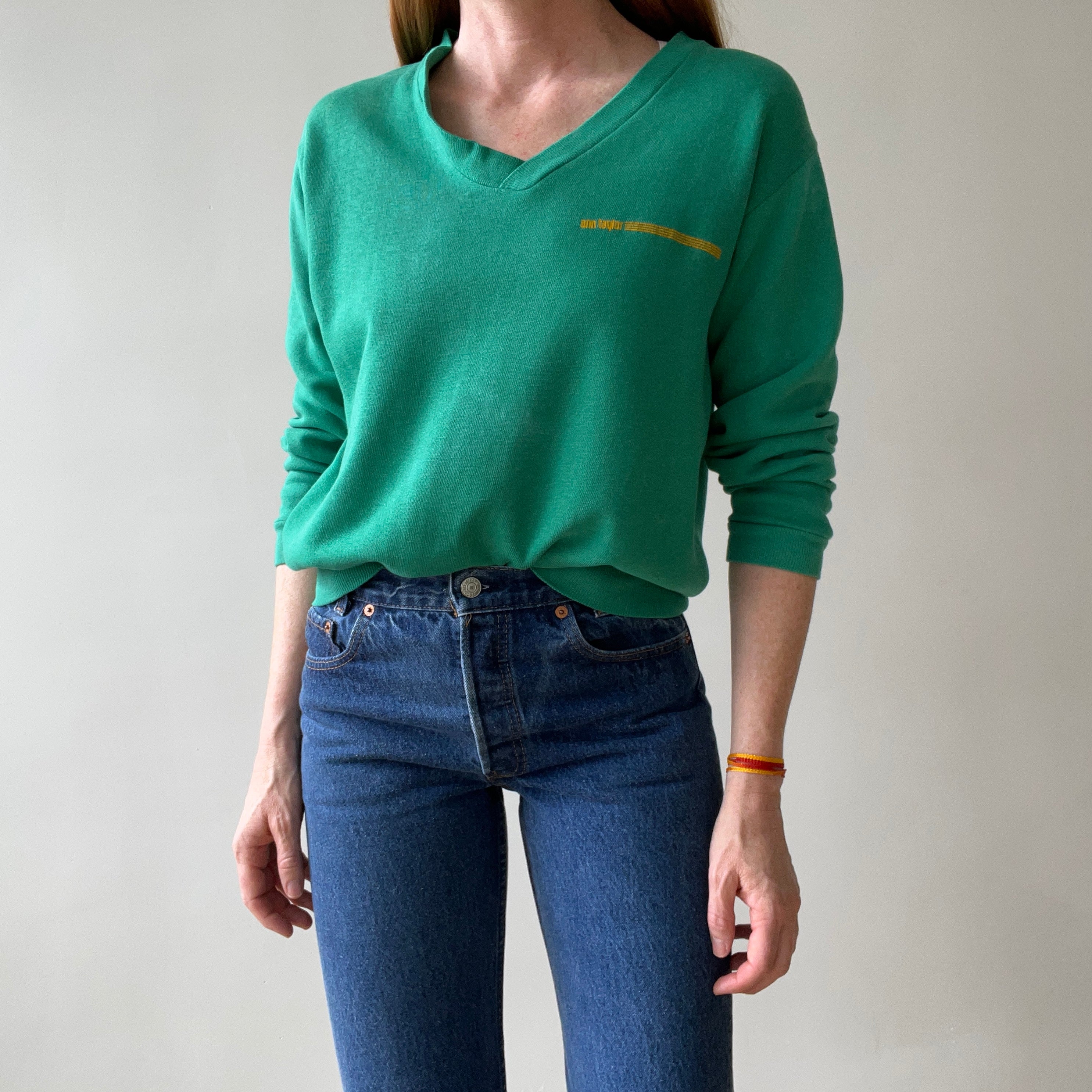 1960s/70s Faded Green Ann Taylor (!!!) V Neck Sweatshirt