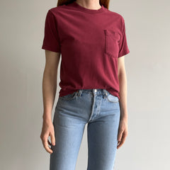 1980s Perfectly Worn, Tattered, Thinned Out and Slouchy Selvedge Pocket Burgundy Red FOTL Pocket T-Shirt