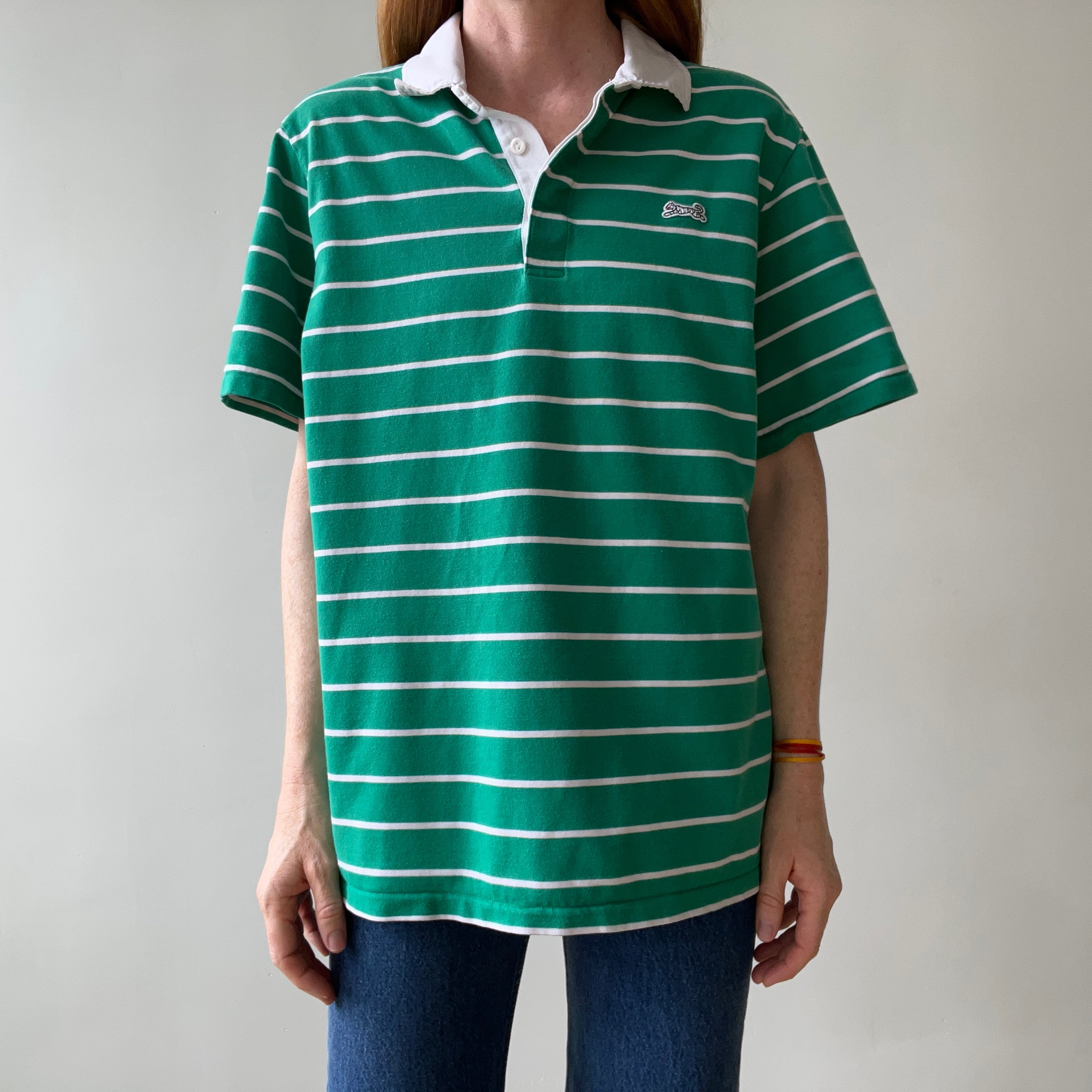 1980s Le Tigre Green and White Striped Rugby Weight Polo Style T Shirt