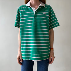 1980s Le Tigre Green and White Striped Rugby Weight Polo Style T Shirt