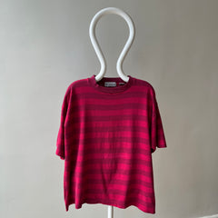 1980s Lovely Striped Cranberry Red/Pink Cotton T-Shirt - The Cut on This!