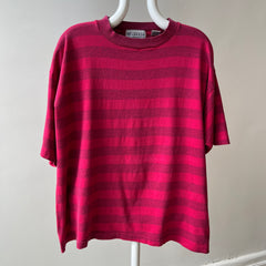 1980s Lovely Striped Cranberry Red/Pink Cotton T-Shirt - The Cut on This!