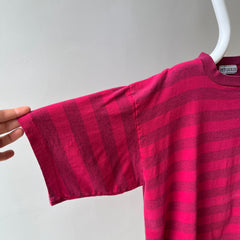 1980s Lovely Striped Cranberry Red/Pink Cotton T-Shirt - The Cut on This!