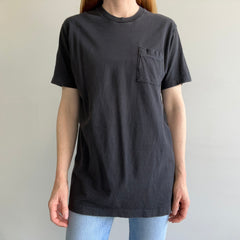 1980s Faded Blank Black Pocket T-Shirt with a Selvedge Pocket by FOTL