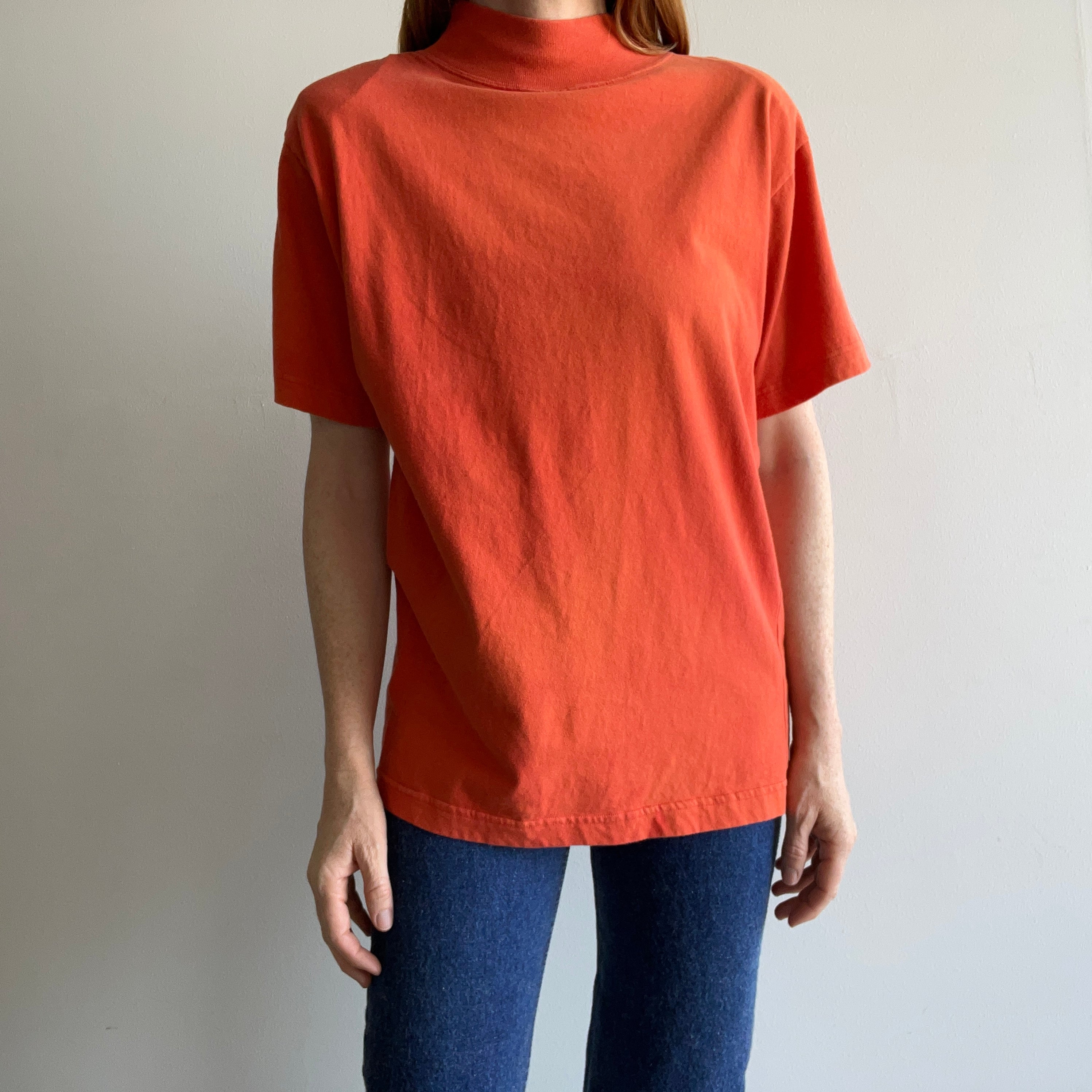 1980s Orange Cotton Mock Neck T-Shirt with... SHoulder Pads!