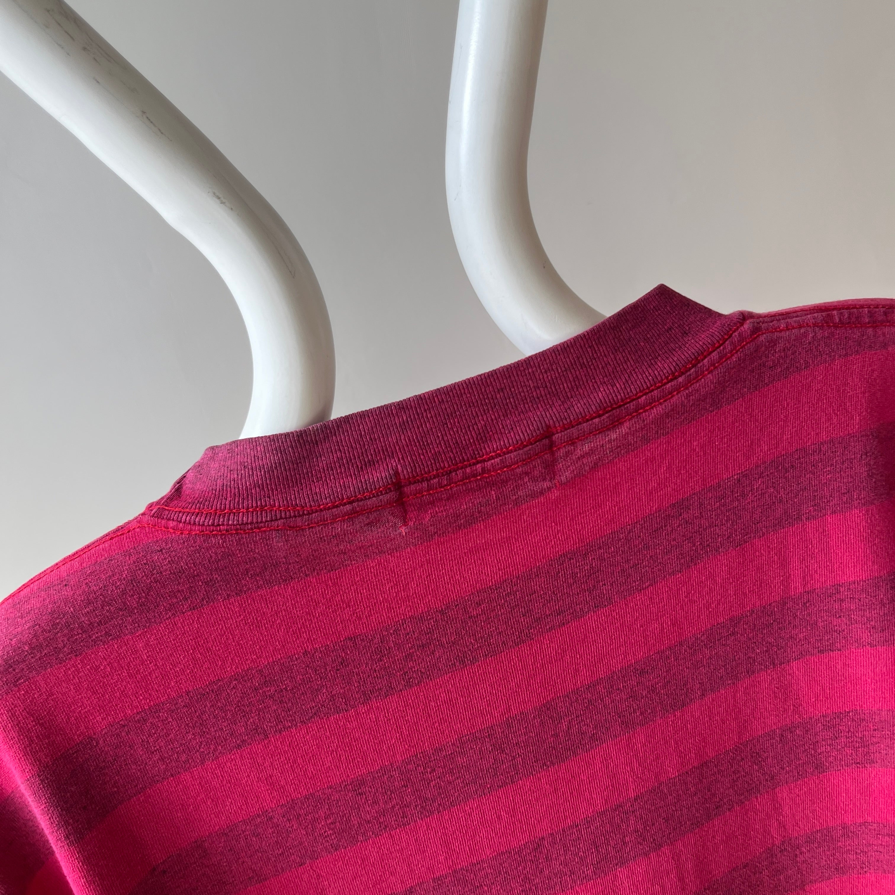 1980s Lovely Striped Cranberry Red/Pink Cotton T-Shirt - The Cut on This!