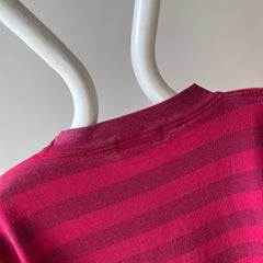 1980s Lovely Striped Cranberry Red/Pink Cotton T-Shirt - The Cut on This!