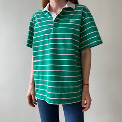 1980s Le Tigre Green and White Striped Rugby Weight Polo Style T Shirt