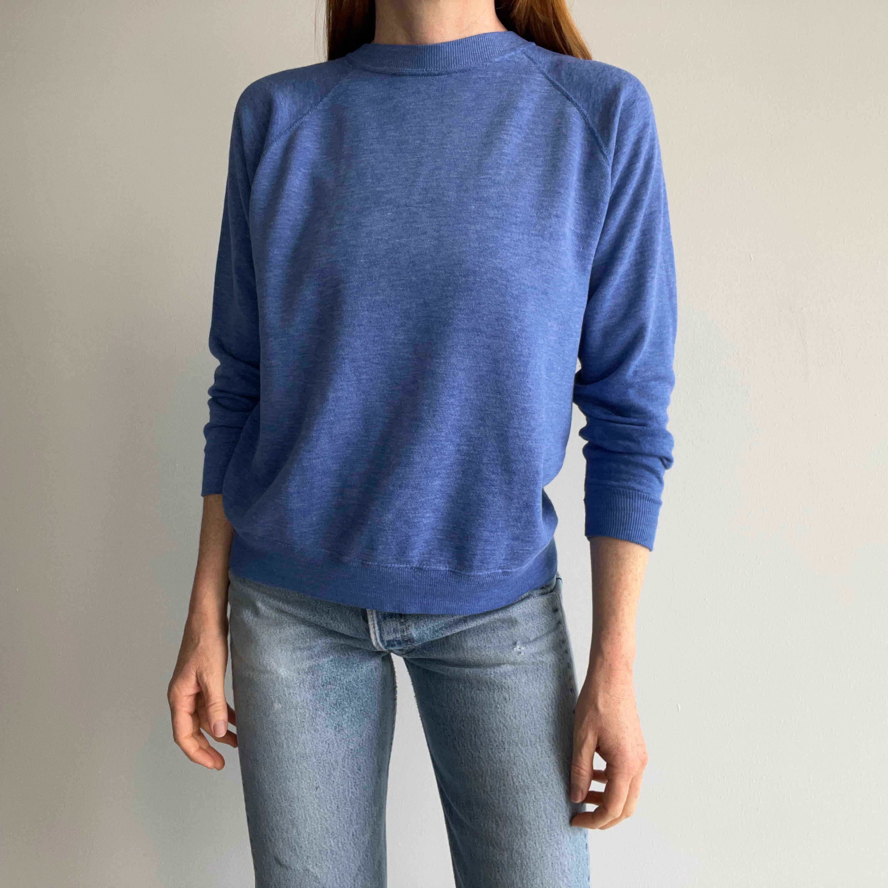 1970/80s Delightful/Dreamy/Wonderful/Luxurious Faded Blue Raglan Sweatshirt