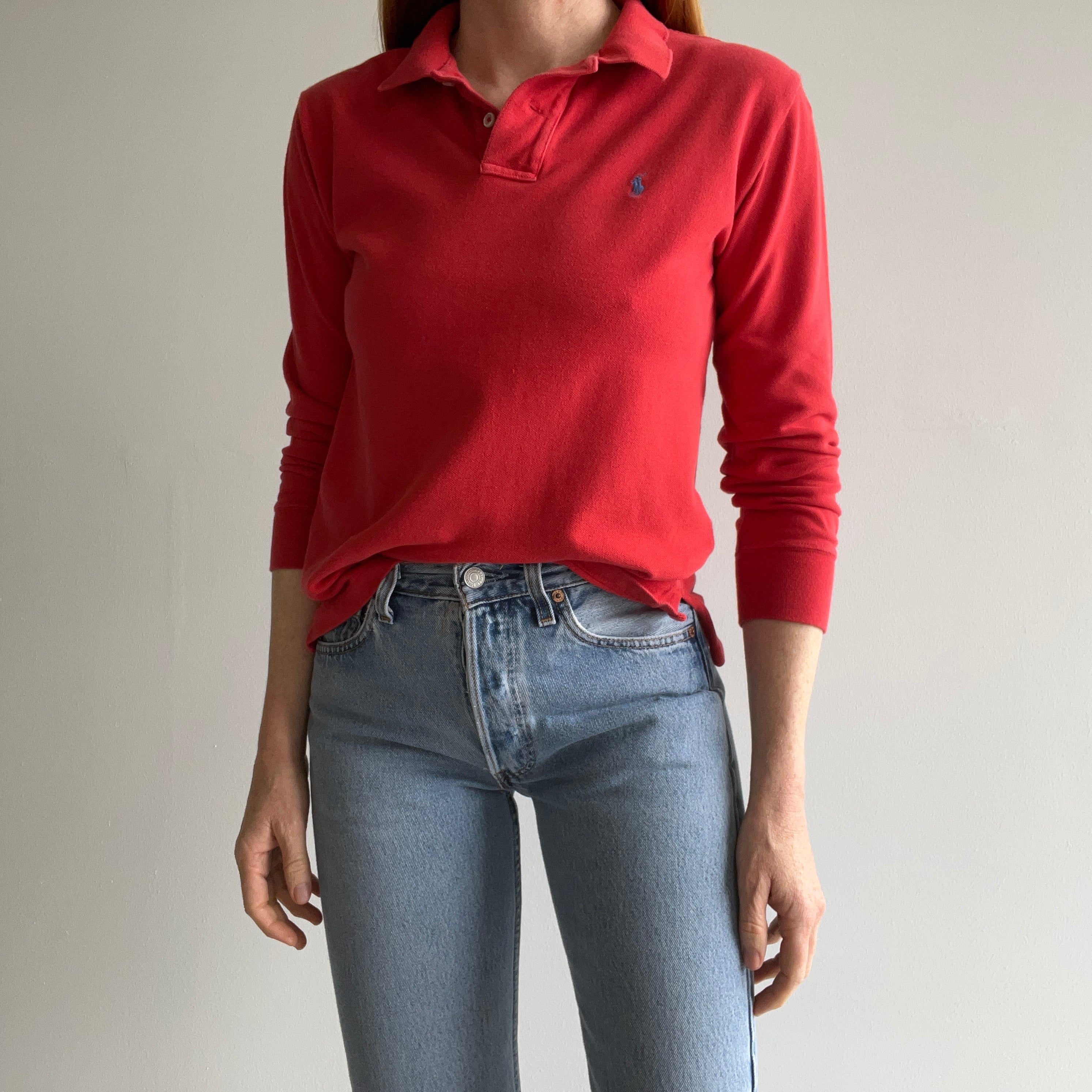 1980s Smaller Faded Red Ralph Lauren Long Sleeve Polo Shirt