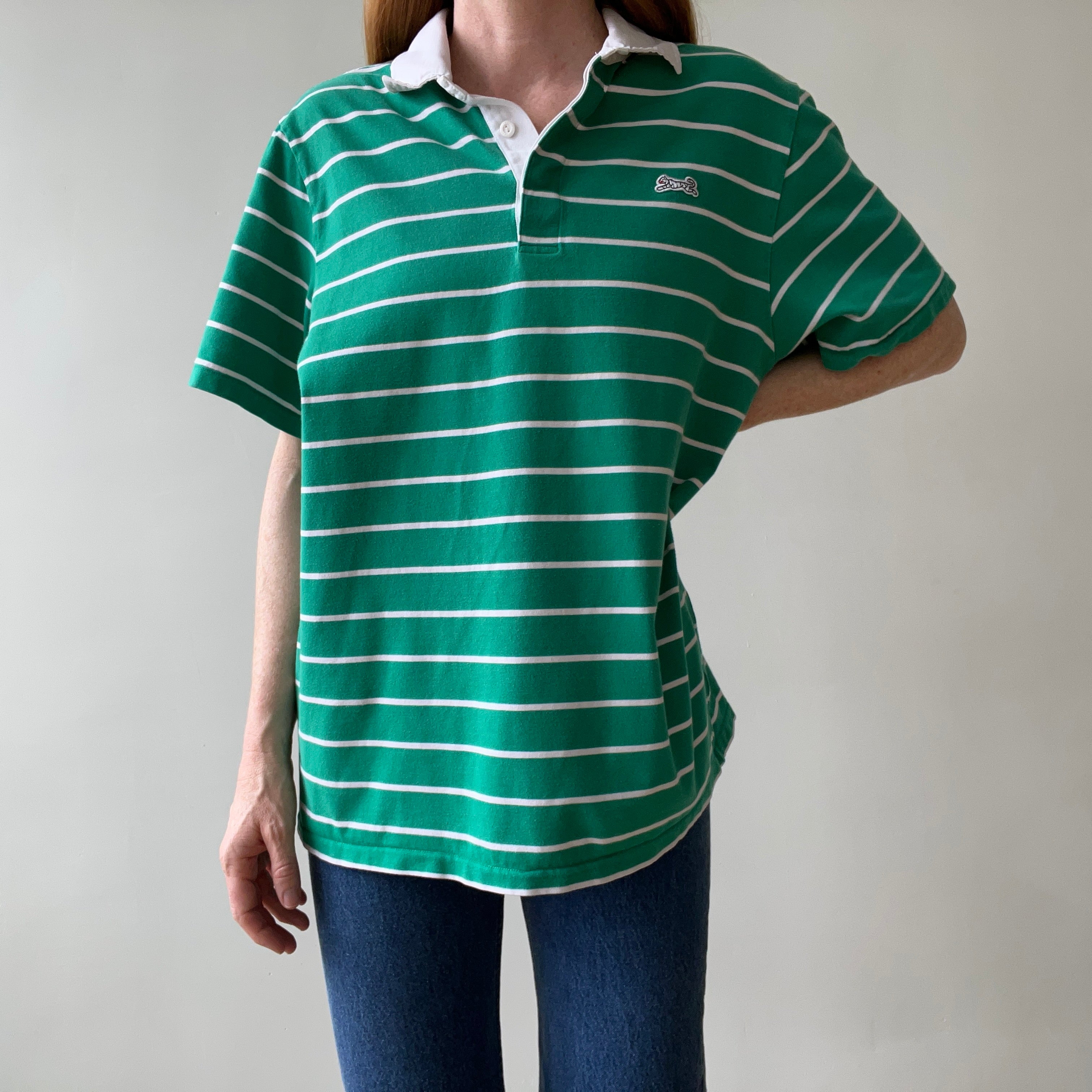 1980s Le Tigre Green and White Striped Rugby Weight Polo Style T Shirt