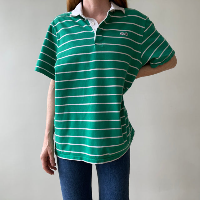 1980s Le Tigre Green and White Striped Rugby Weight Polo Style T Shirt