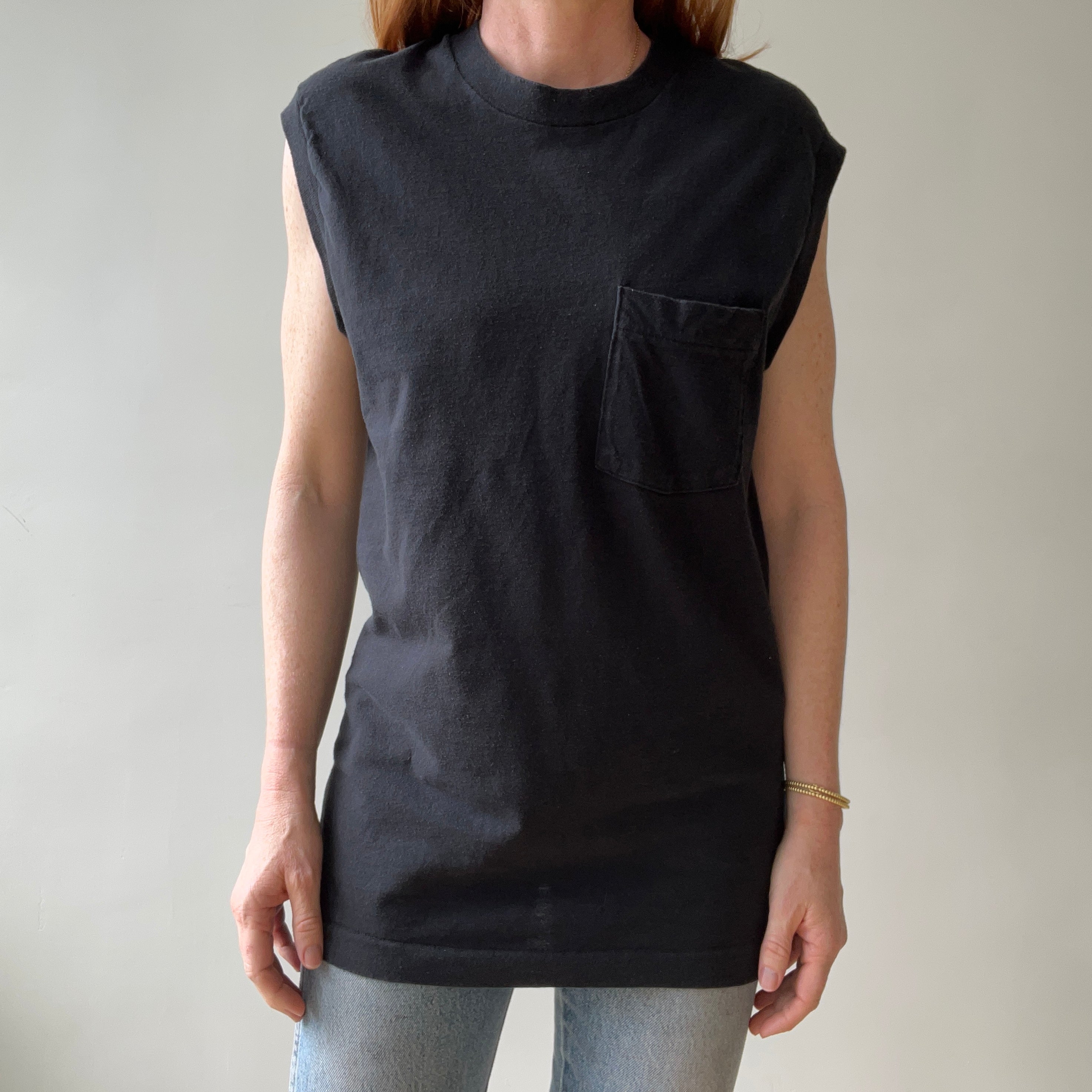 1990s Blank Black Muscle Pocket T Shirt