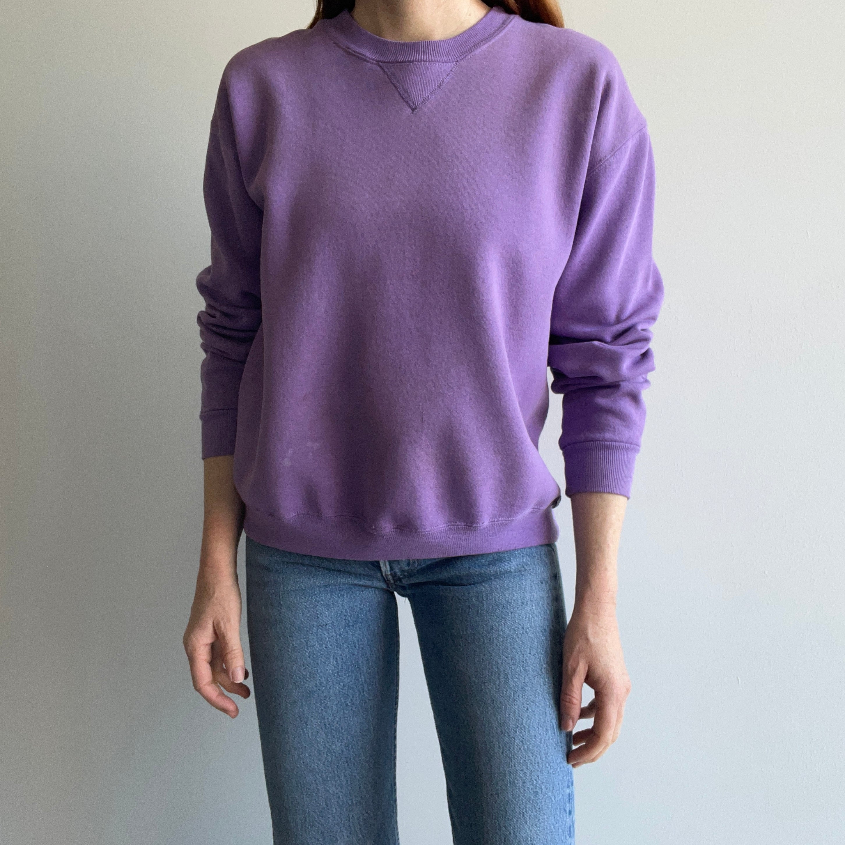 1980s Delightfully stained Lavender Russell Sweatshirt with a Single V