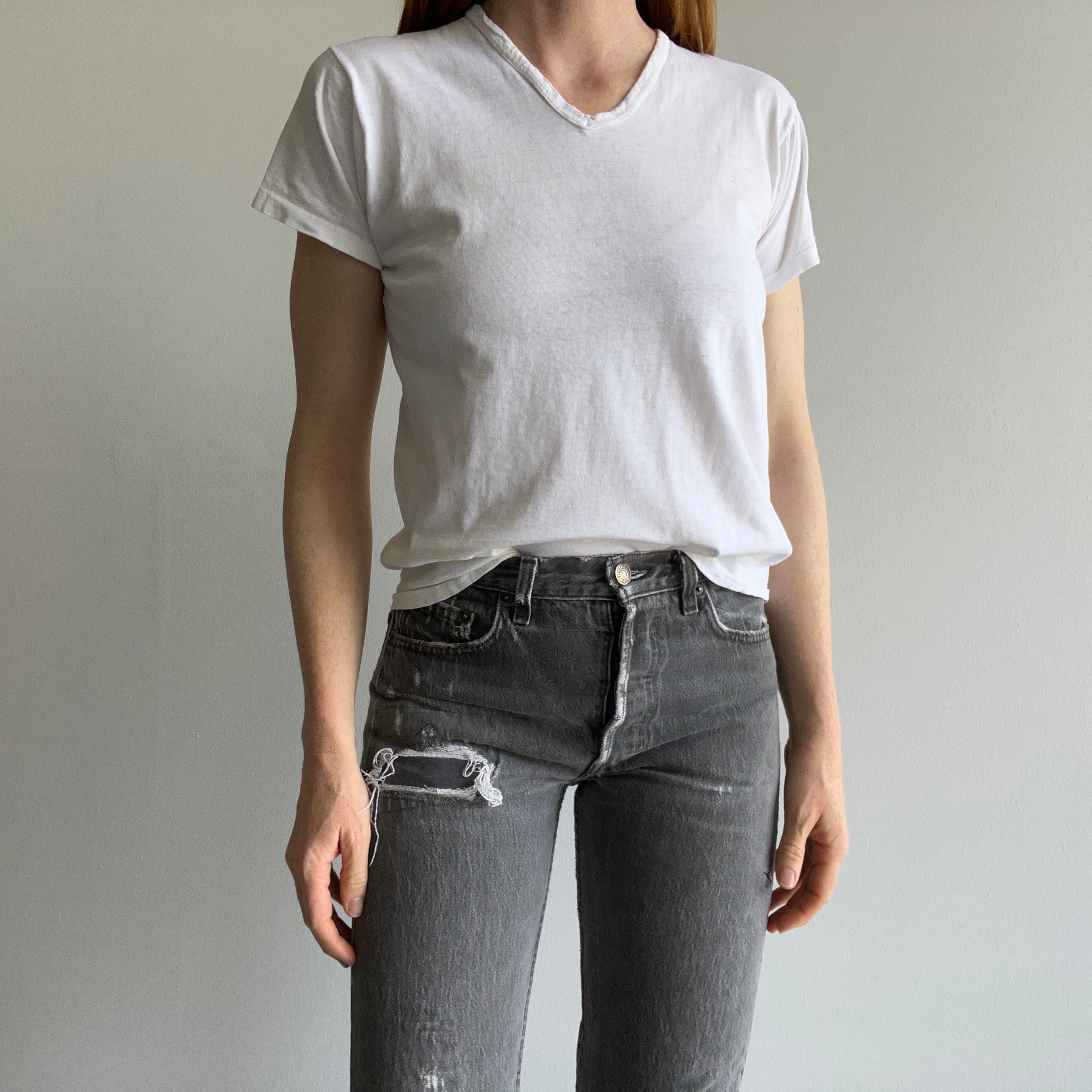 1970s Stained Blank White Cotton V-Neck T-Shirt by FOTL