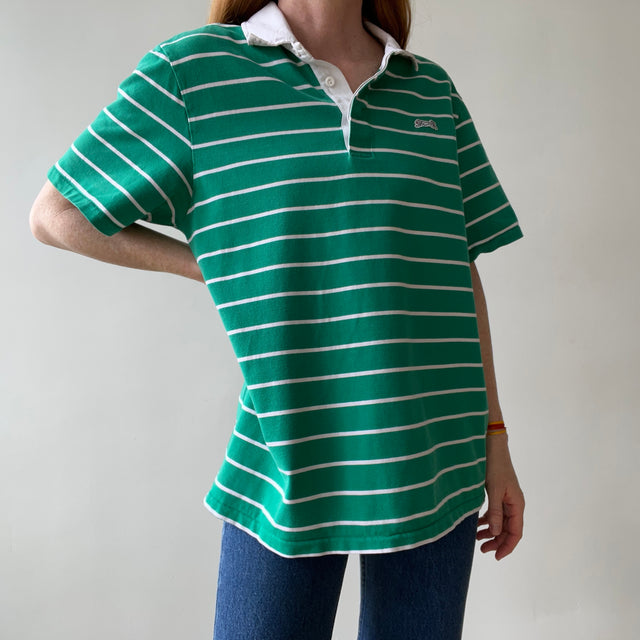 1980s Le Tigre Green and White Striped Rugby Weight Polo Style T Shirt