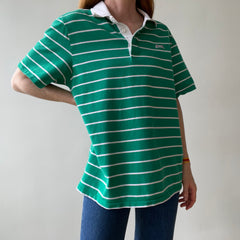 1980s Le Tigre Green and White Striped Rugby Weight Polo Style T Shirt