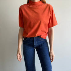 1980s Orange Cotton Mock Neck T-Shirt with... SHoulder Pads!