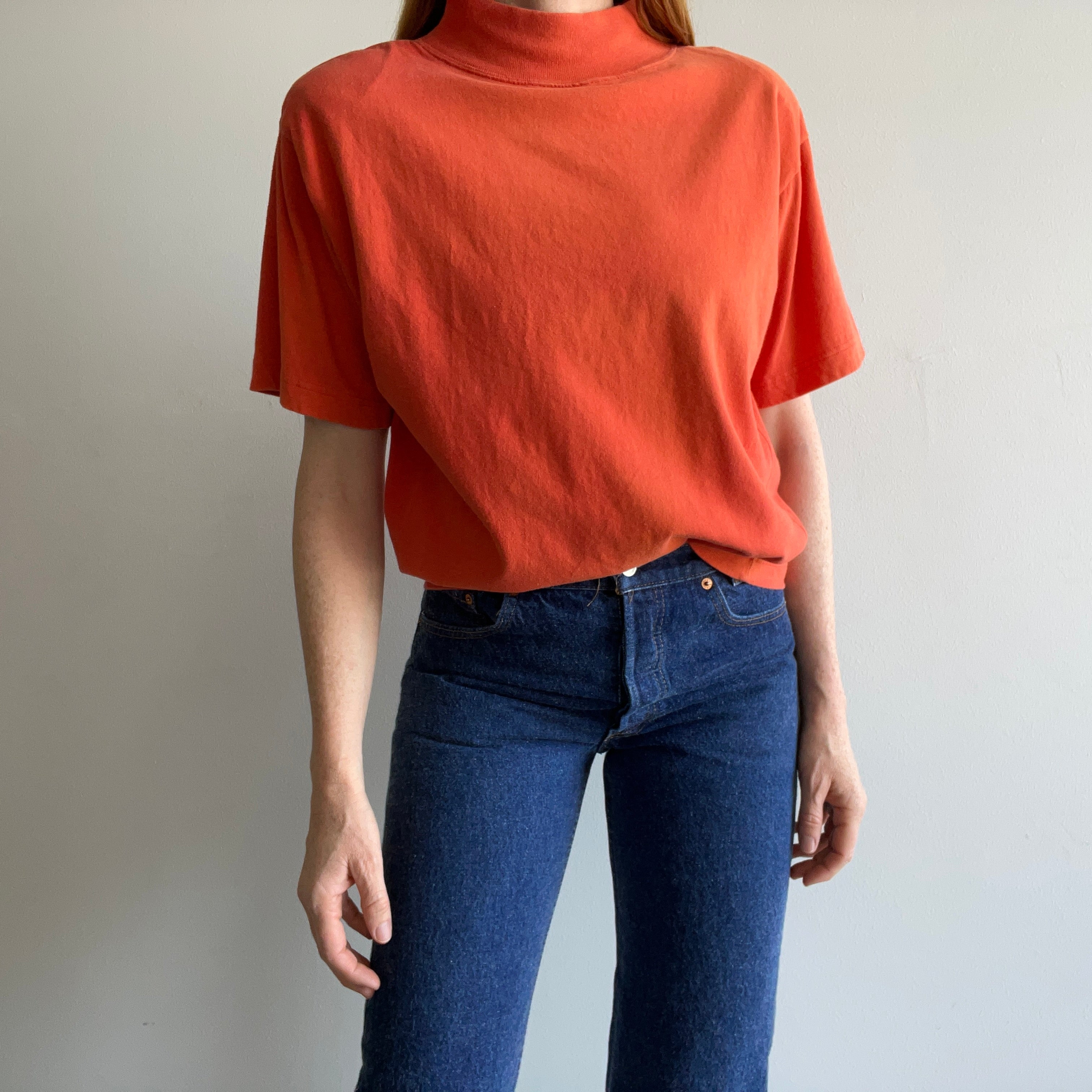 1980s Orange Cotton Mock Neck T-Shirt with... SHoulder Pads!