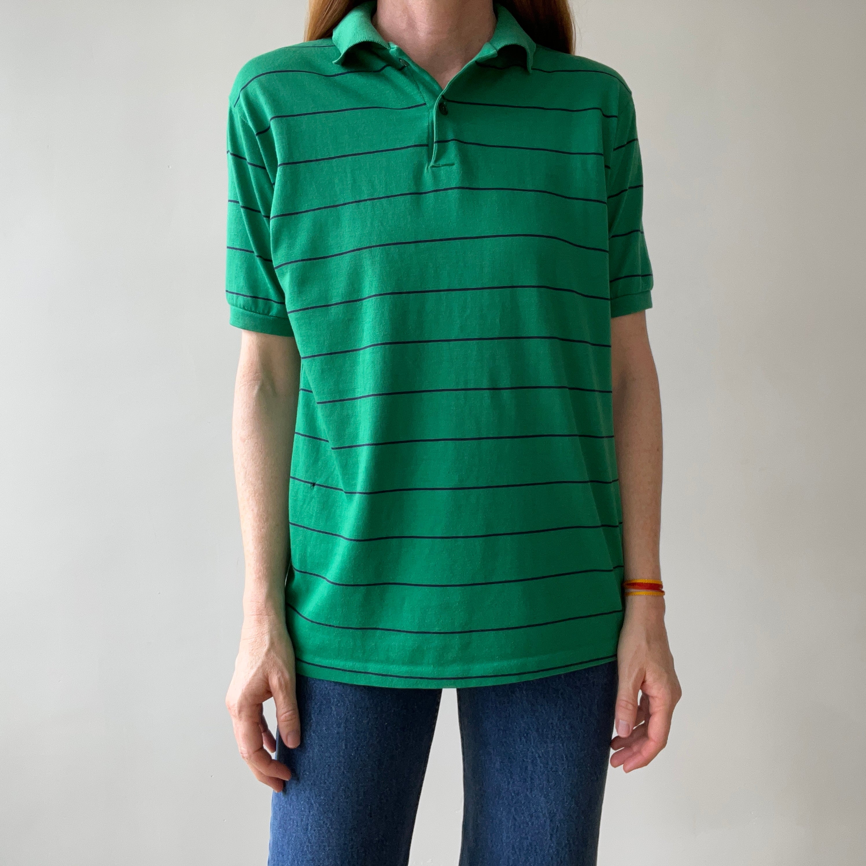 1970s/80s Green and Navy Striped Polo Style T Shirt - A Good One!