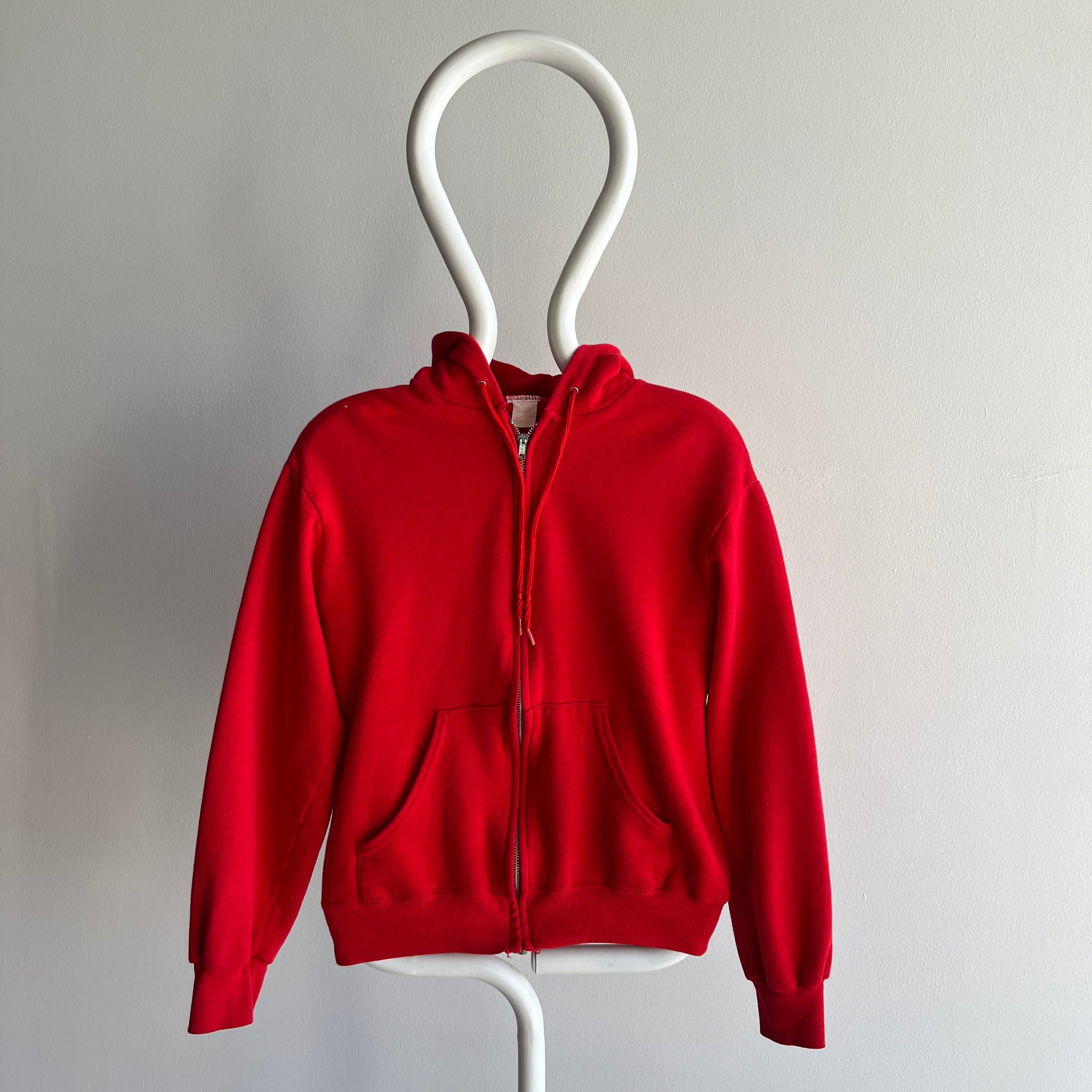 1980s Vibrant Red Zip Up Hoodie Sweatshirt