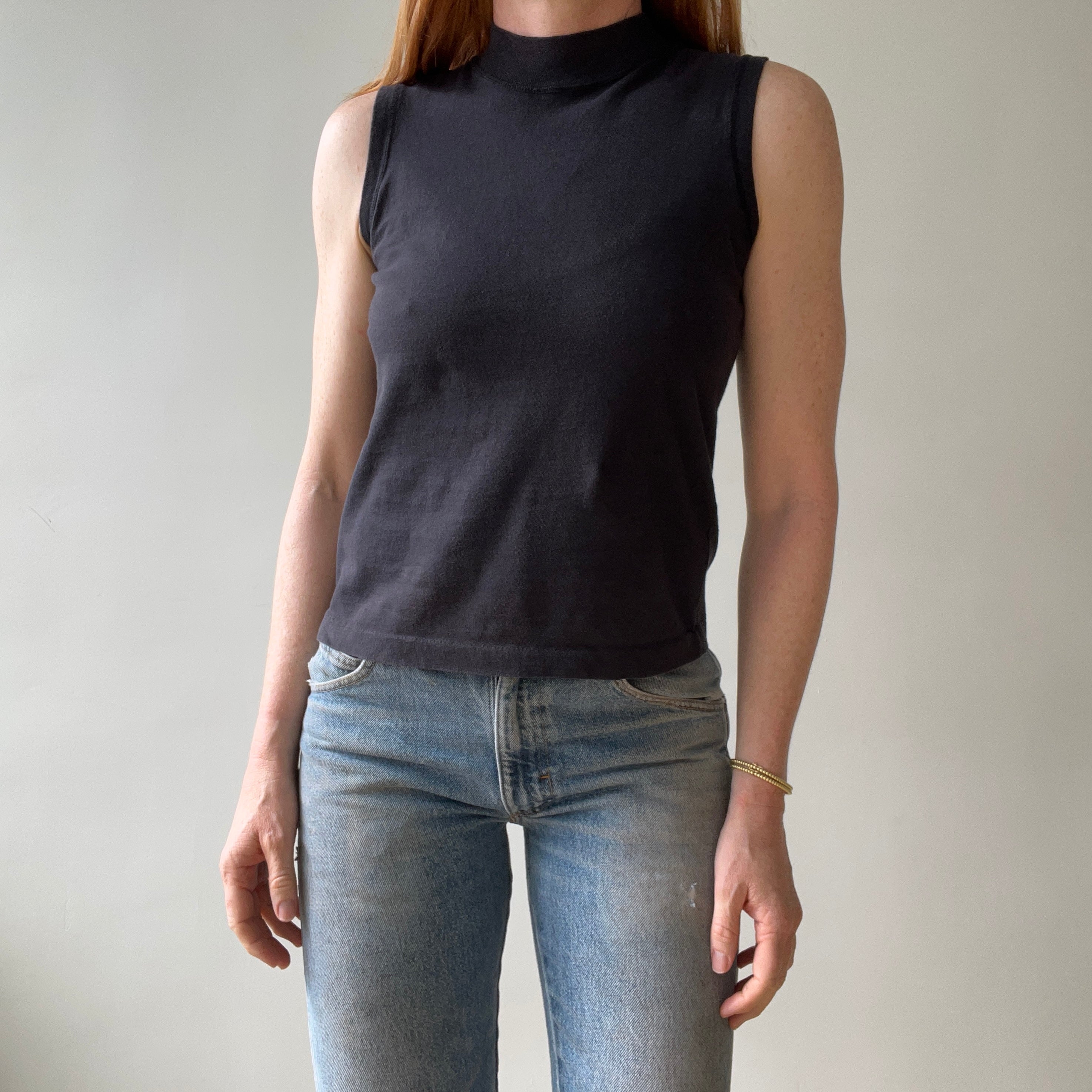1980s Blank Black Mock Neck Muscle T Shirt