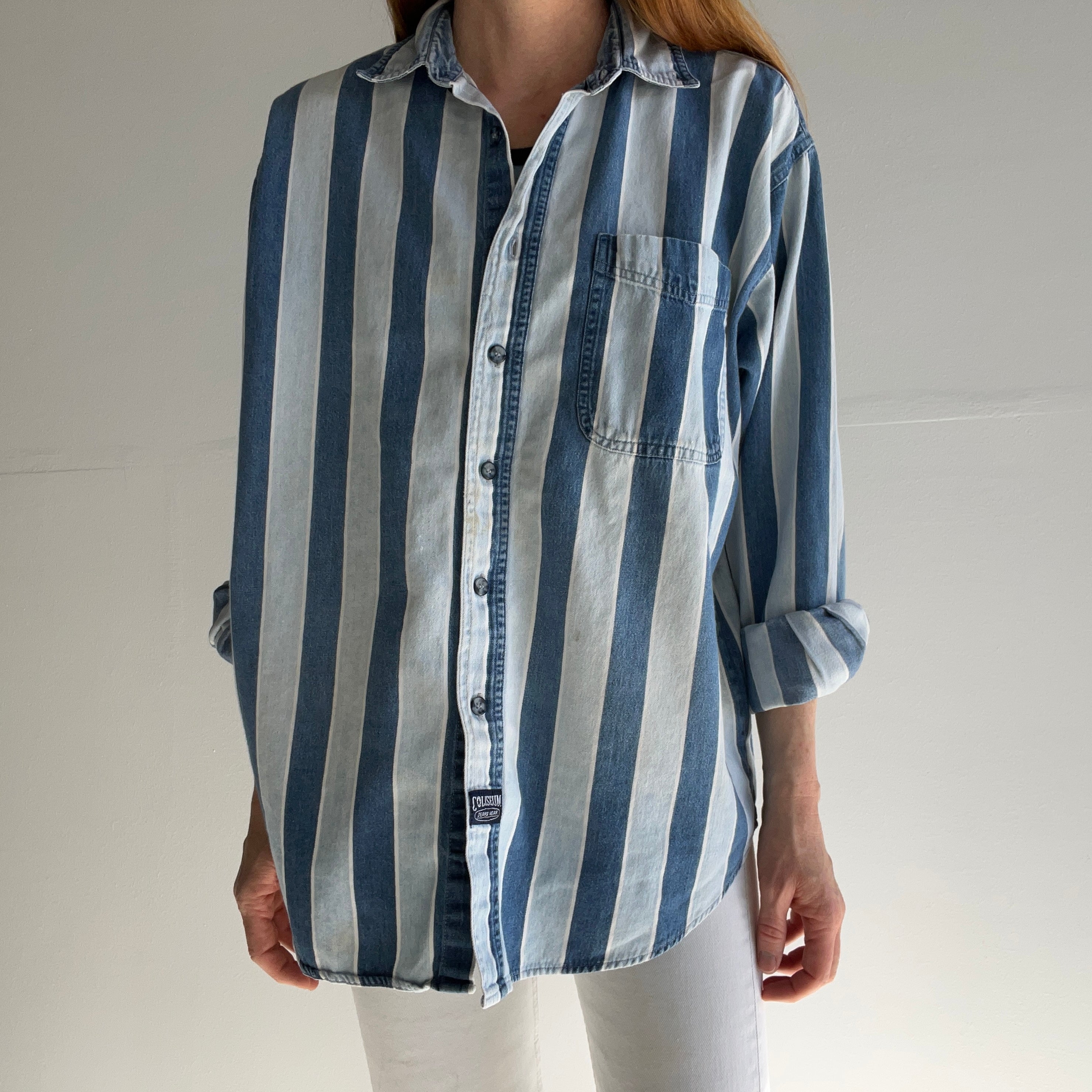 1990s Striped Denim Cotton Button Down Shirt