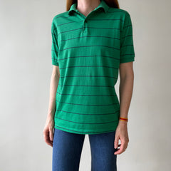 1970s/80s Green and Navy Striped Polo Style T Shirt - A Good One!
