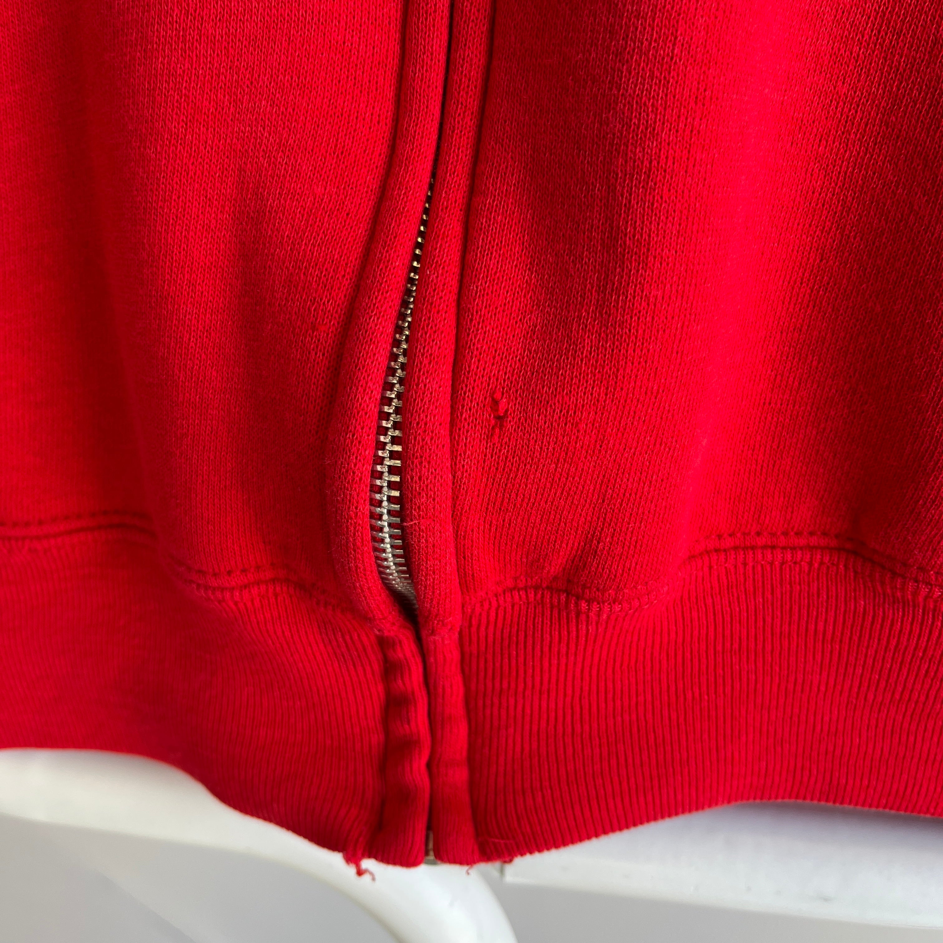 1980s Vibrant Red Zip Up Hoodie Sweatshirt