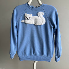 1980s DIY FLuffy Fuzzy White Cat with Ruffled Cuffs Sweatshirt - Like, Woah