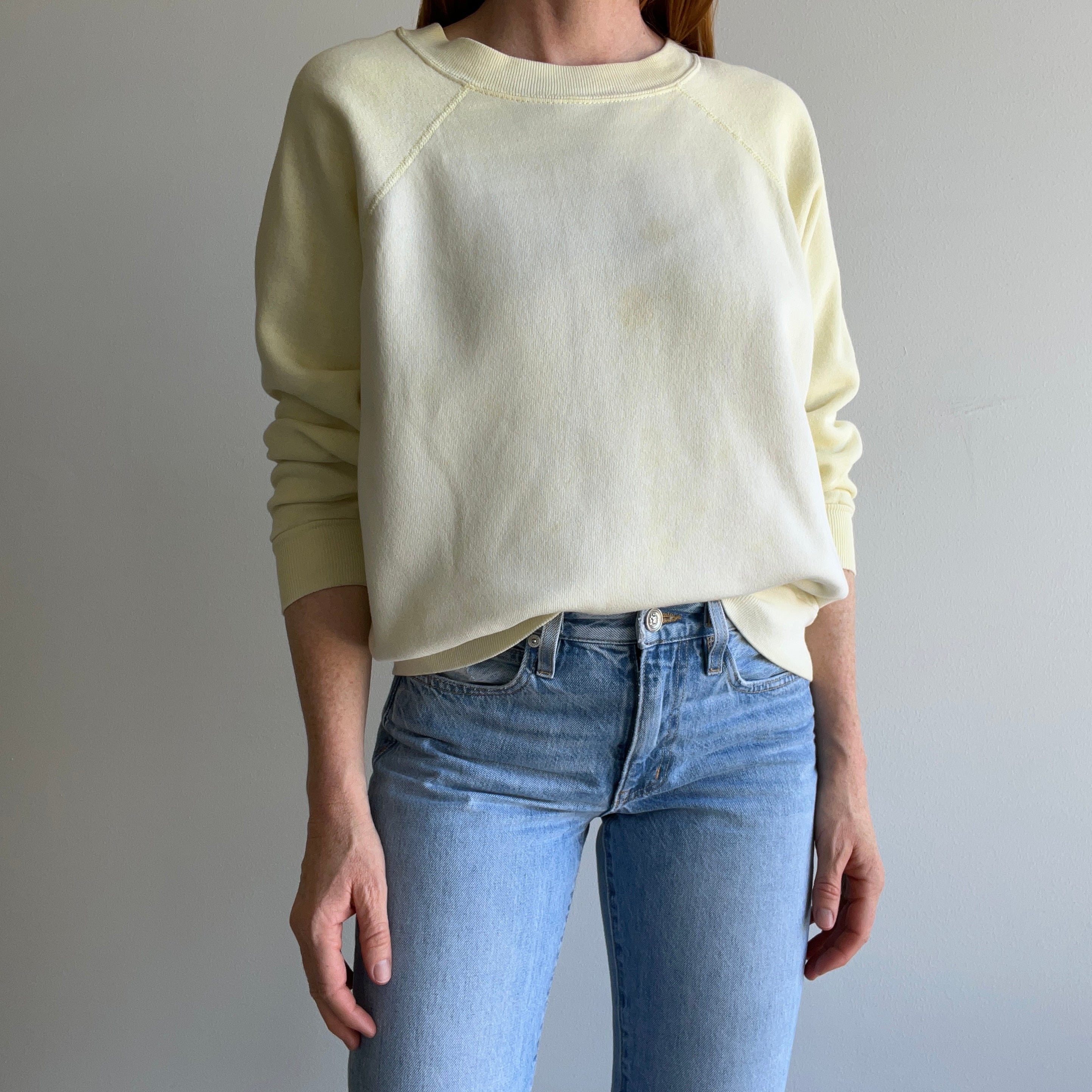 1980s Super Sun Faded and Stained Buttery Pale Yellow Sturdy Sweatshirt by Pannill